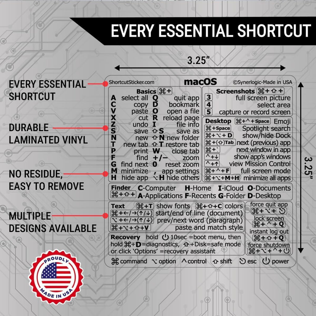 OS Shortcuts Sticker for Air/Pro | Keyboard Stickers for macOS | Laminated V