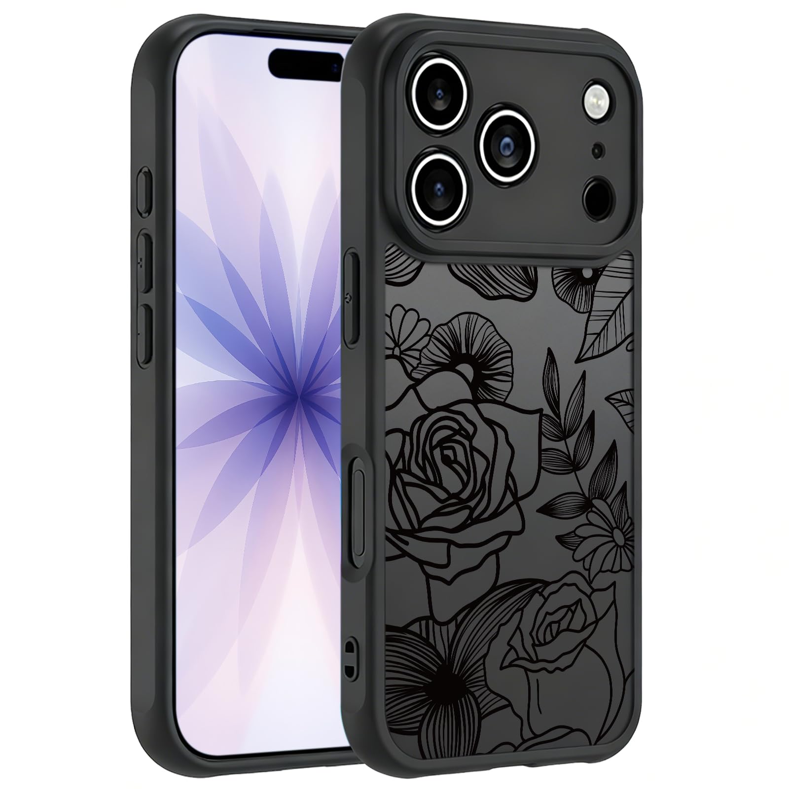 Flower Case For Iphone 17 Pro, Rose Aesthetic Black Line Art Floral Pattern Prin