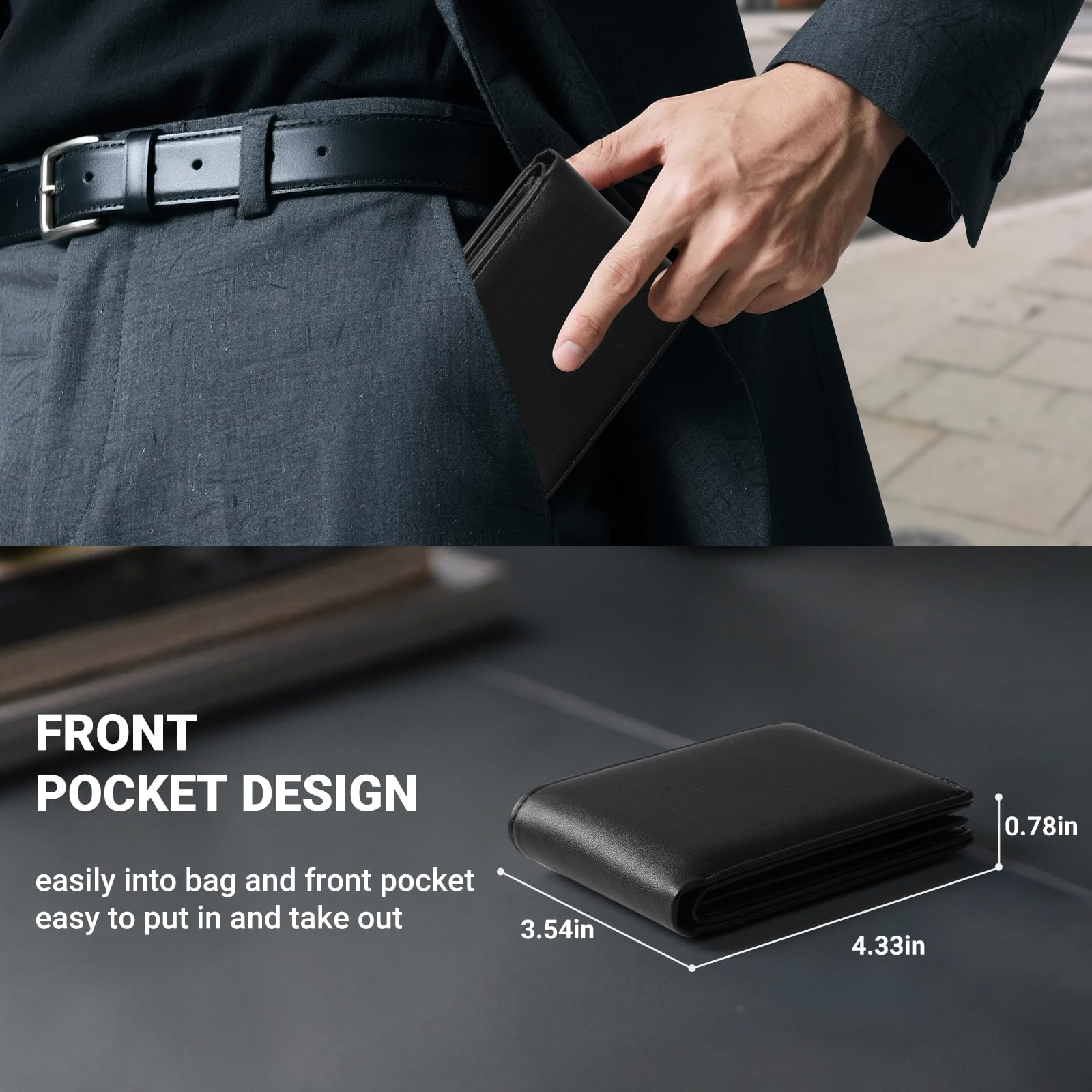 Wallet For Men RFID Blocking Black Wallets Bifold Faux Leather Card Holder Front