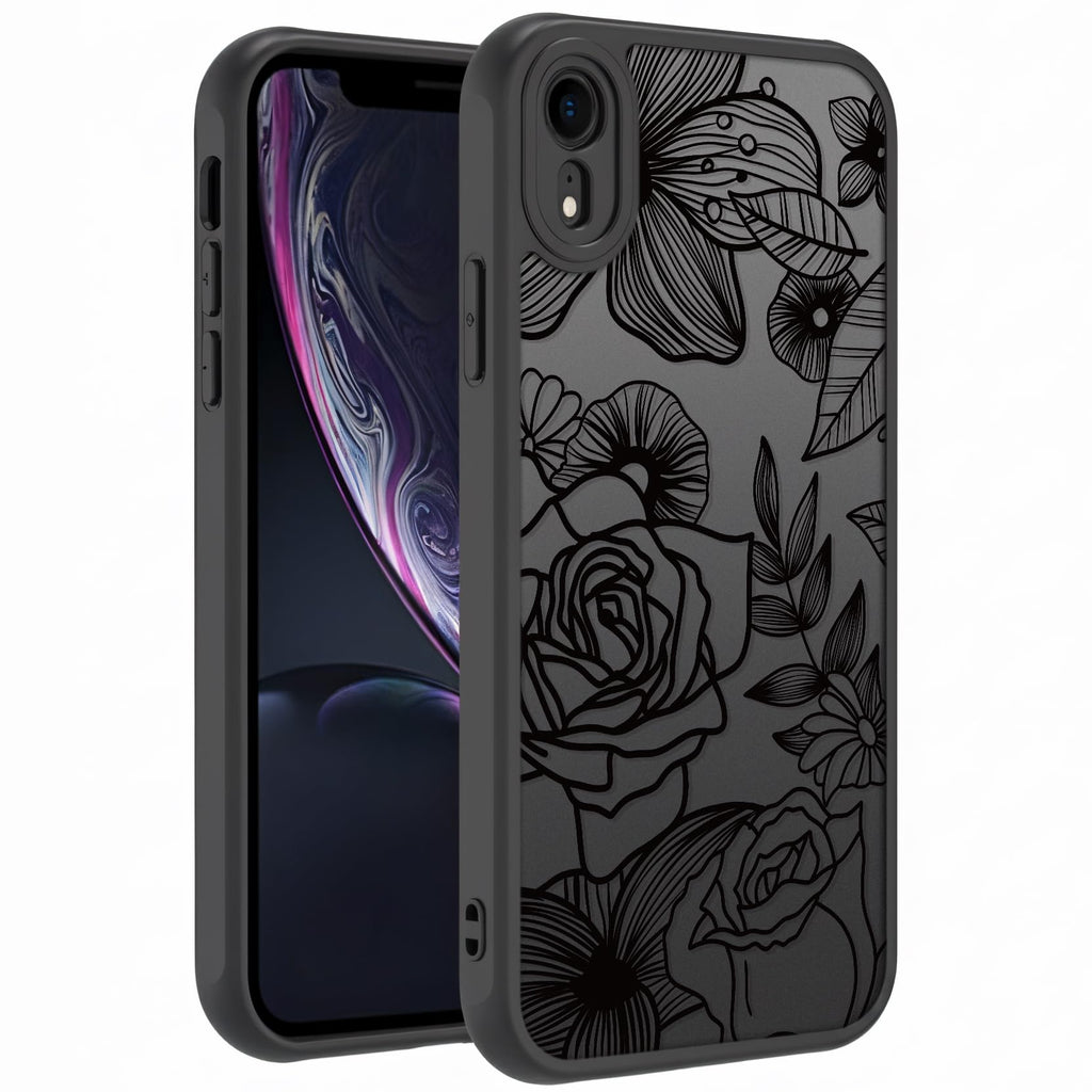 Flower Phone Case Compatible with iPhone XR, Rose Aesthetic Black Line Art