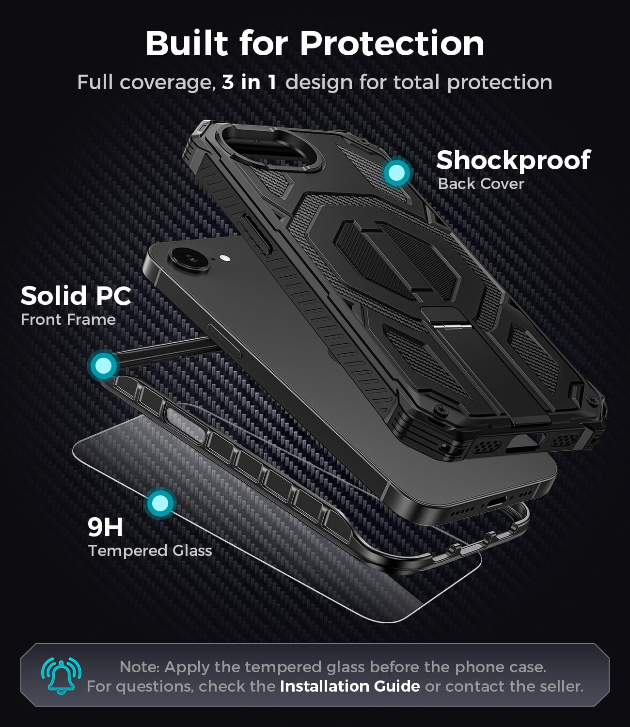iPhone 17e Case/iPhone 16e Case with Screen Protector & Invisible Kickstand,