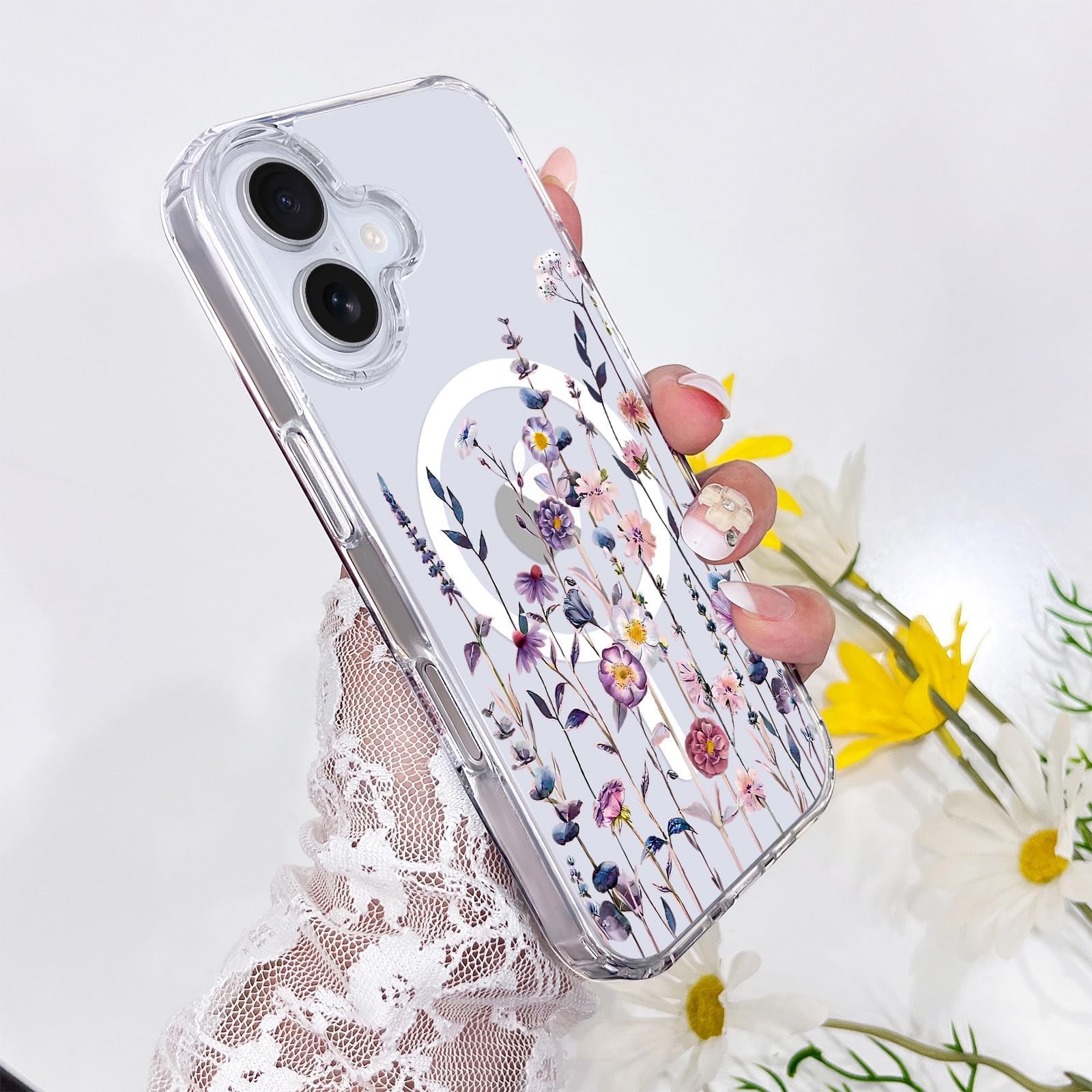 iPhone 16 Case [Compatible with Magsafe], Cute Flower Girls Women Clear Case