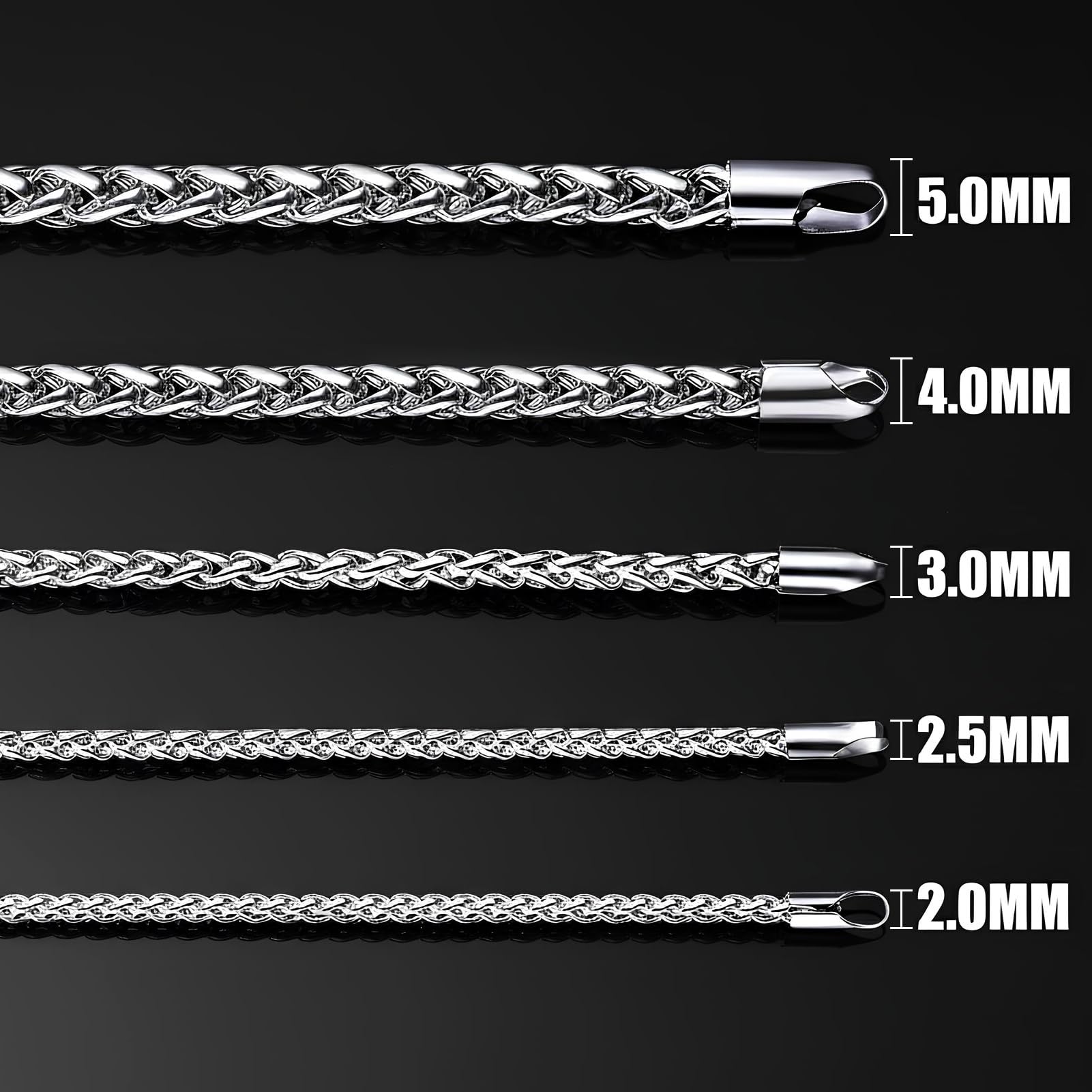 Silver Tone Wheat Chain Necklace for Men, 2.5mm Mens Chain Necklaces, Stainless