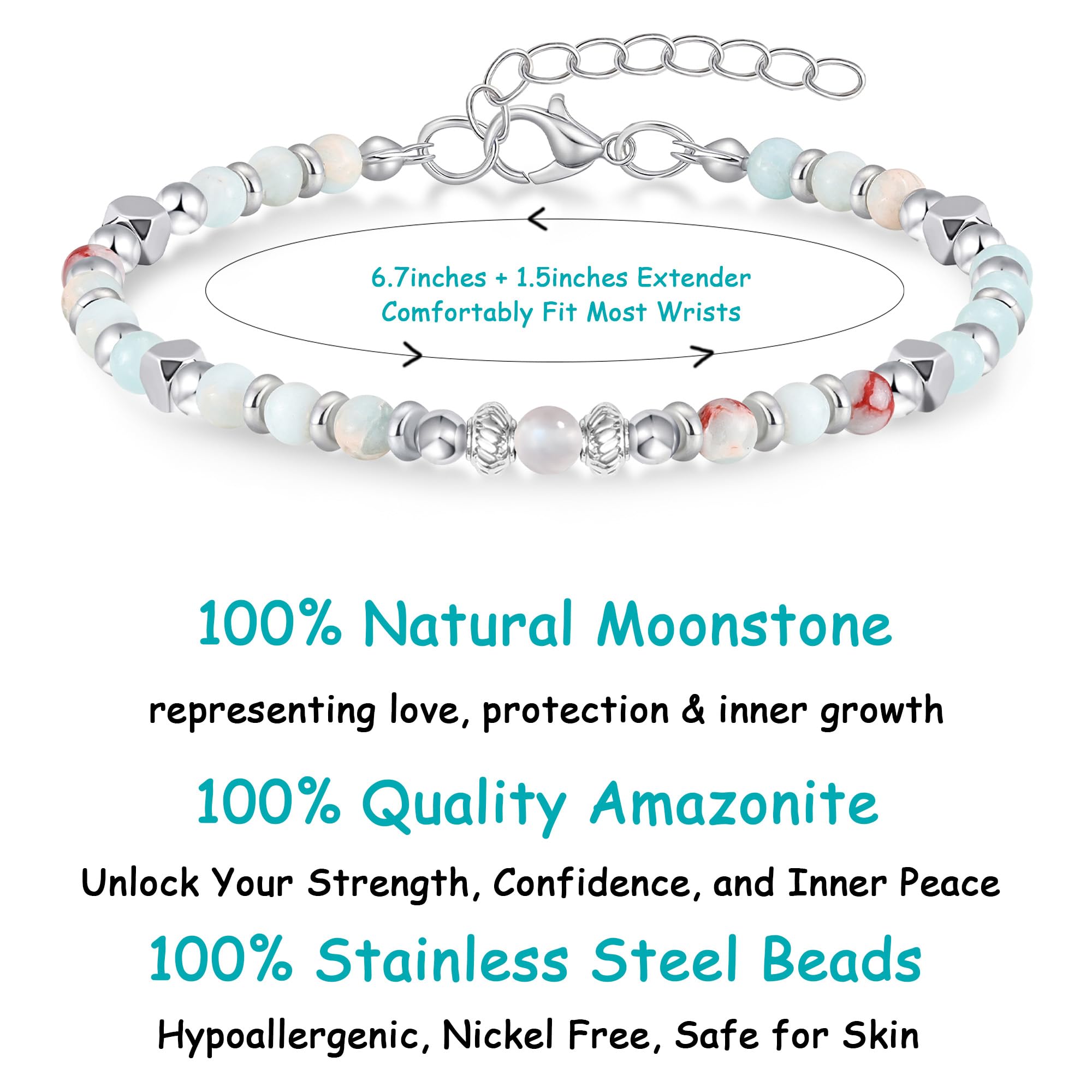 Moonstone Beaded Bracelet for Women - Adjustable Silver Boho Healing Crystal Jew