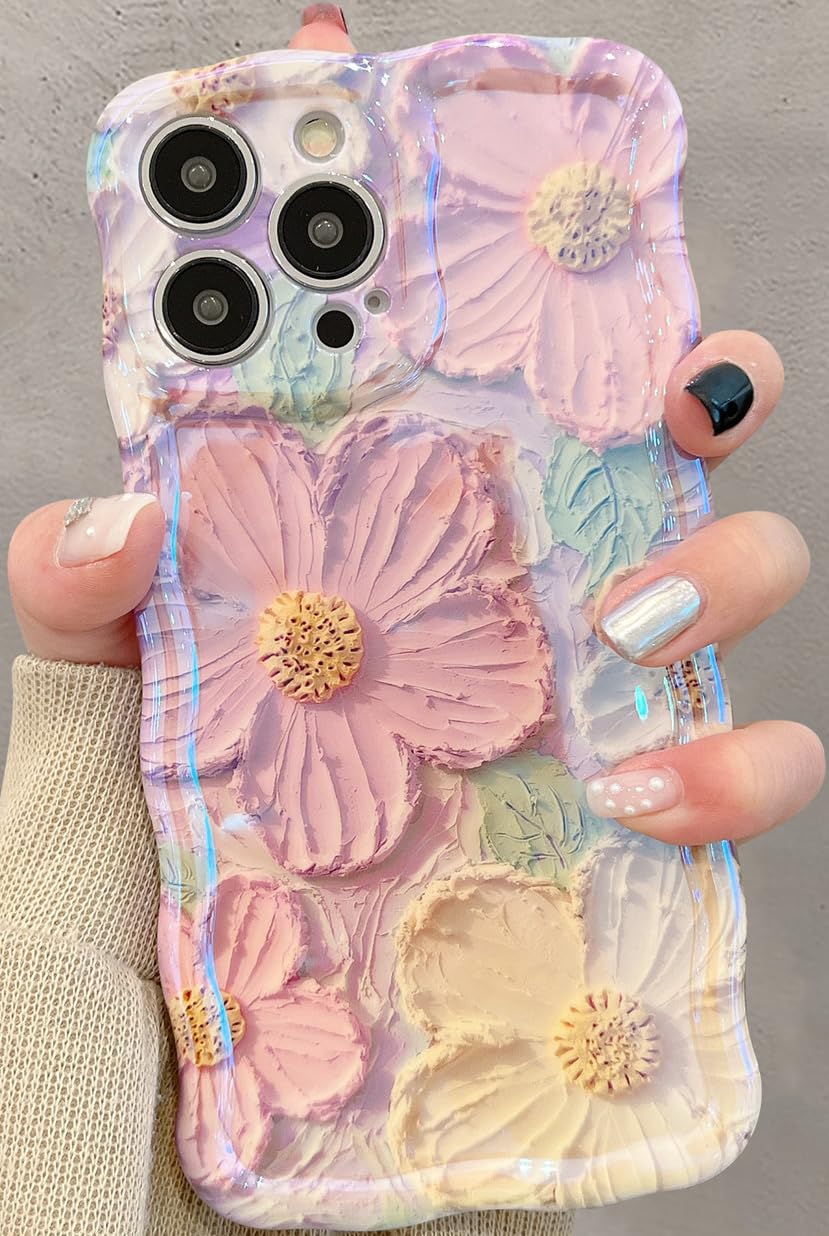 Iphone 15 Pro Case, Colorful Retro Oil Painting Printed Flower Laser Glossy Patt
