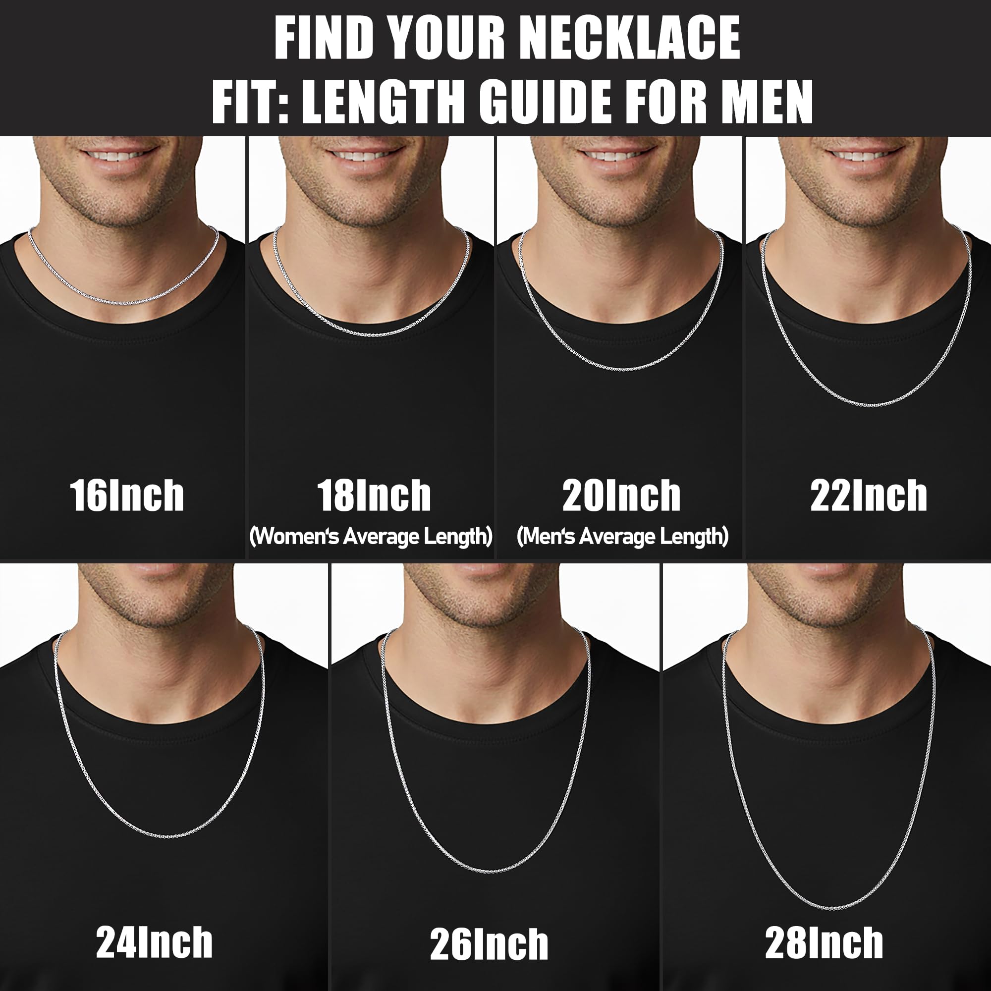 Silver Tone Wheat Chain Necklace for Men, 2.5mm Mens Chain Necklaces, Stainless