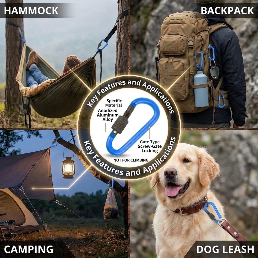 Pack Aluminum D Ring Key Rings Hiking Clips Locking Carabiner for Hiking Camping