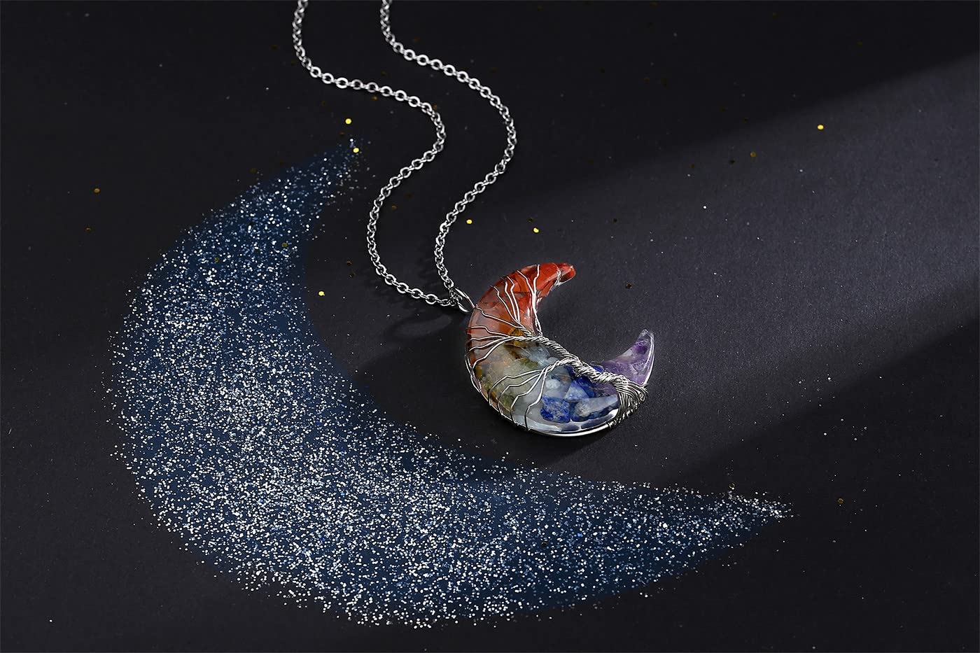 7 Chakra Healing Crystal Necklace Gothic Necklaces for Women Crescent Moon Phase
