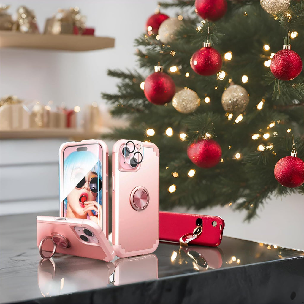 iPhone 14 Case with Screen Protector + 360°Ring Holder Stand + Camera Lens P