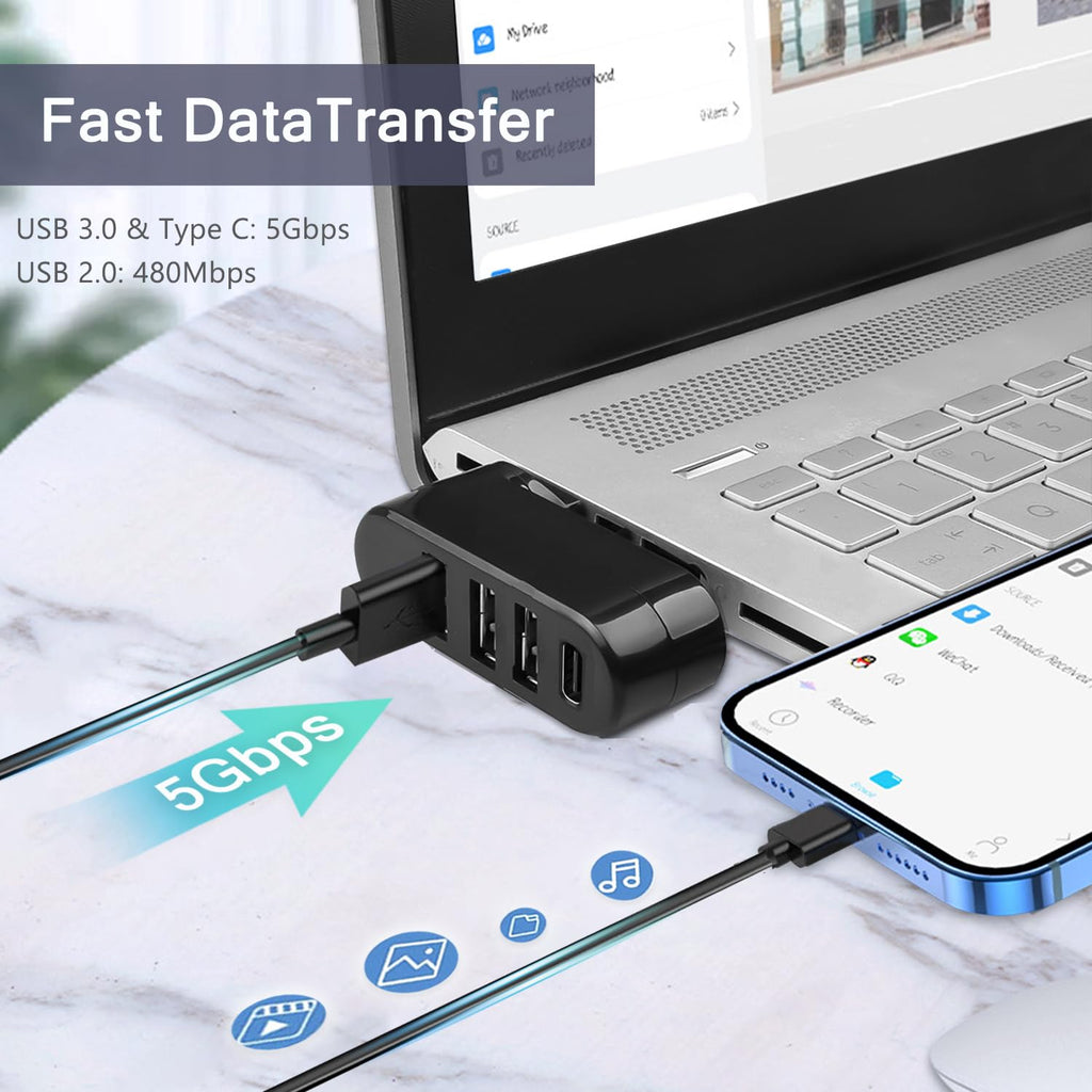 4-Port USB 3.0 Hub [90°/180° Degree Rotatable], USB Splitter with PD-in 5W USB C
