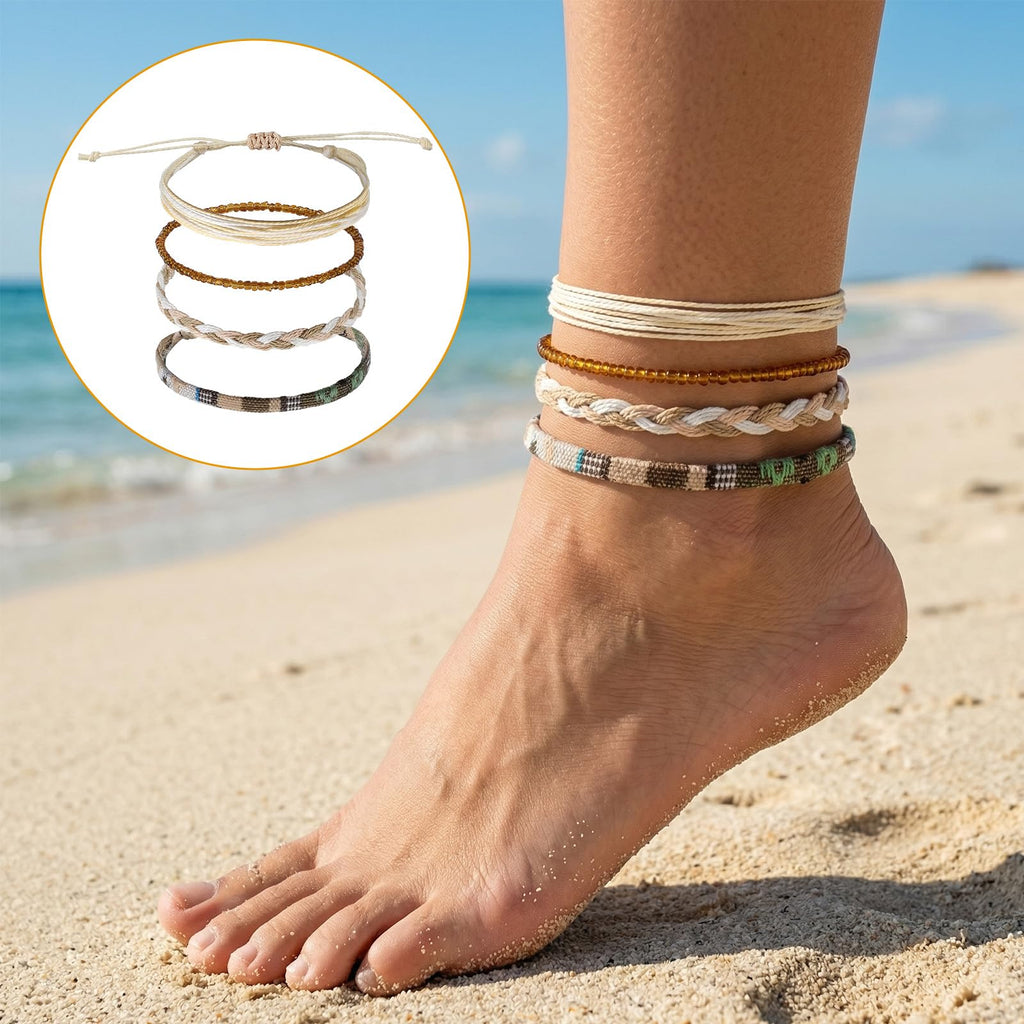 4 PCS Beach Summer Ankle Bracelets for Women, Adjustable Boho Anklets for Women,