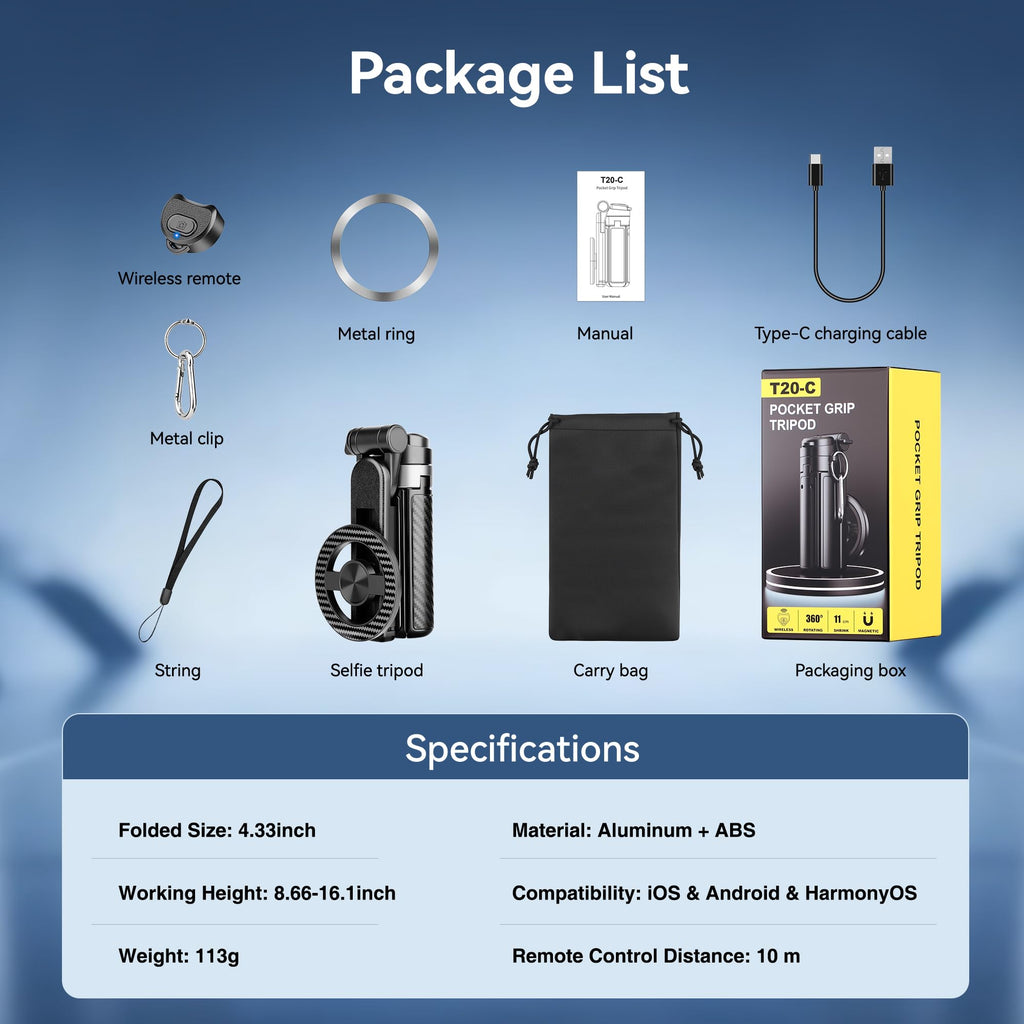 Multifunctional Magnetic Phone Tripod, Portable Selfie Stick for iPhone & Android