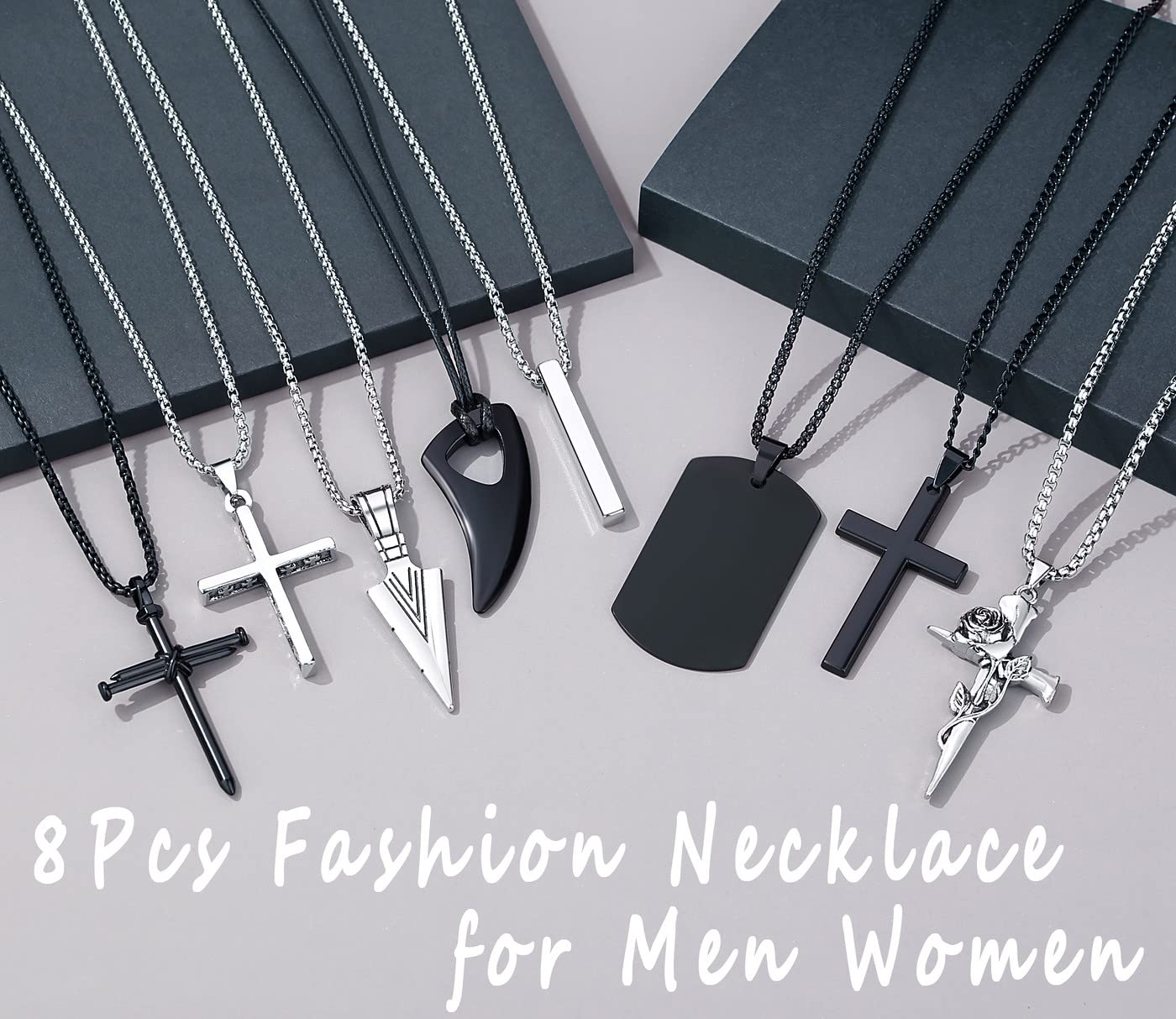 8 Pcs Necklace for Men, Mens Necklaces Jewelry Set, Black and Silver Stainless S