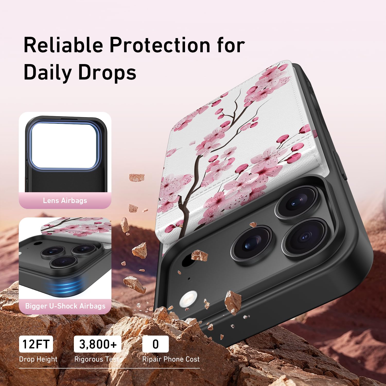 Iphone 17 Pro Wallet Case, Built-In Card Holder, Fashion Printed, Rfid Blocking,