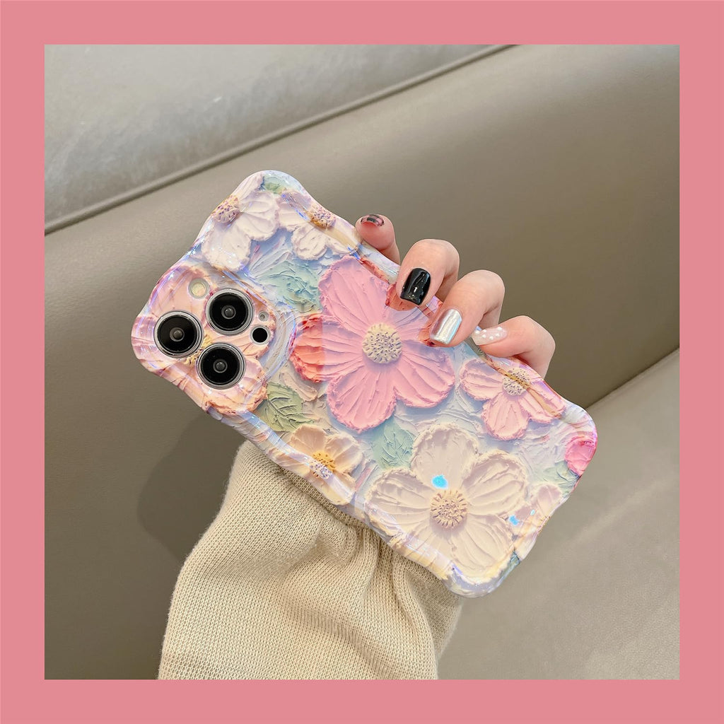 Iphone 15 Pro Case, Colorful Retro Oil Painting Printed Flower Laser Glossy Patt
