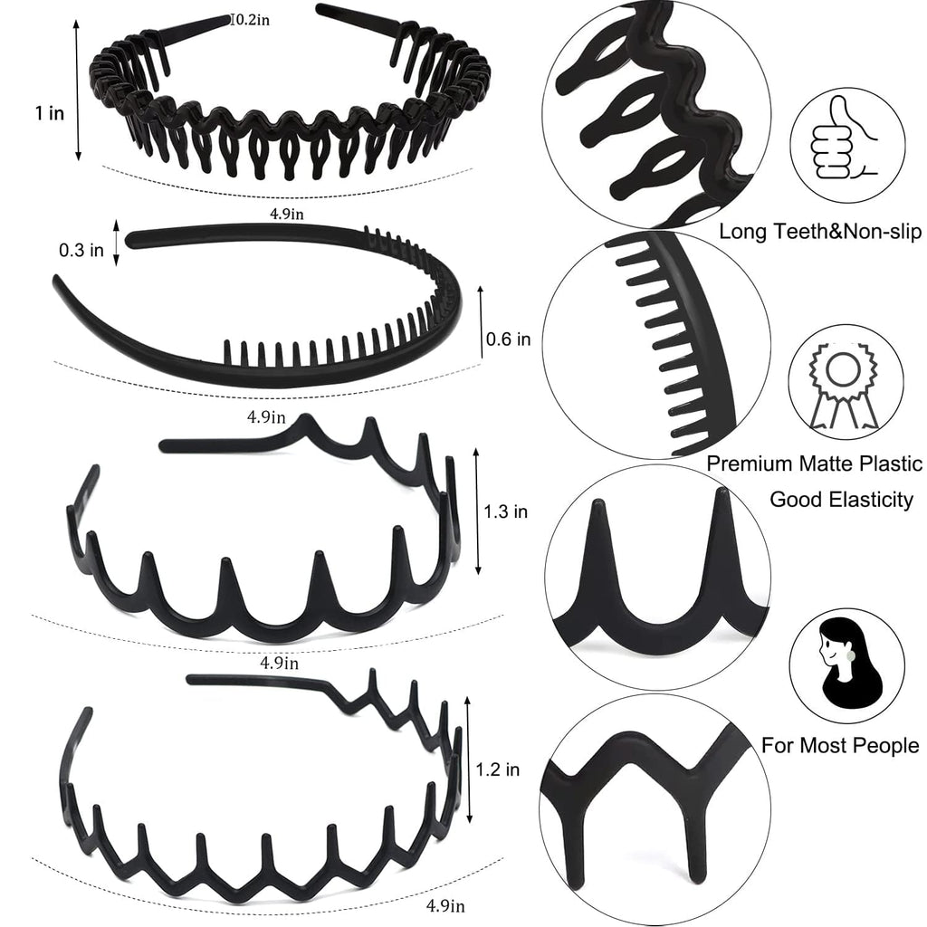 8 PCS Fashion No Slip Effortless Plastic Headbands with Teeth Comb Black Skinny