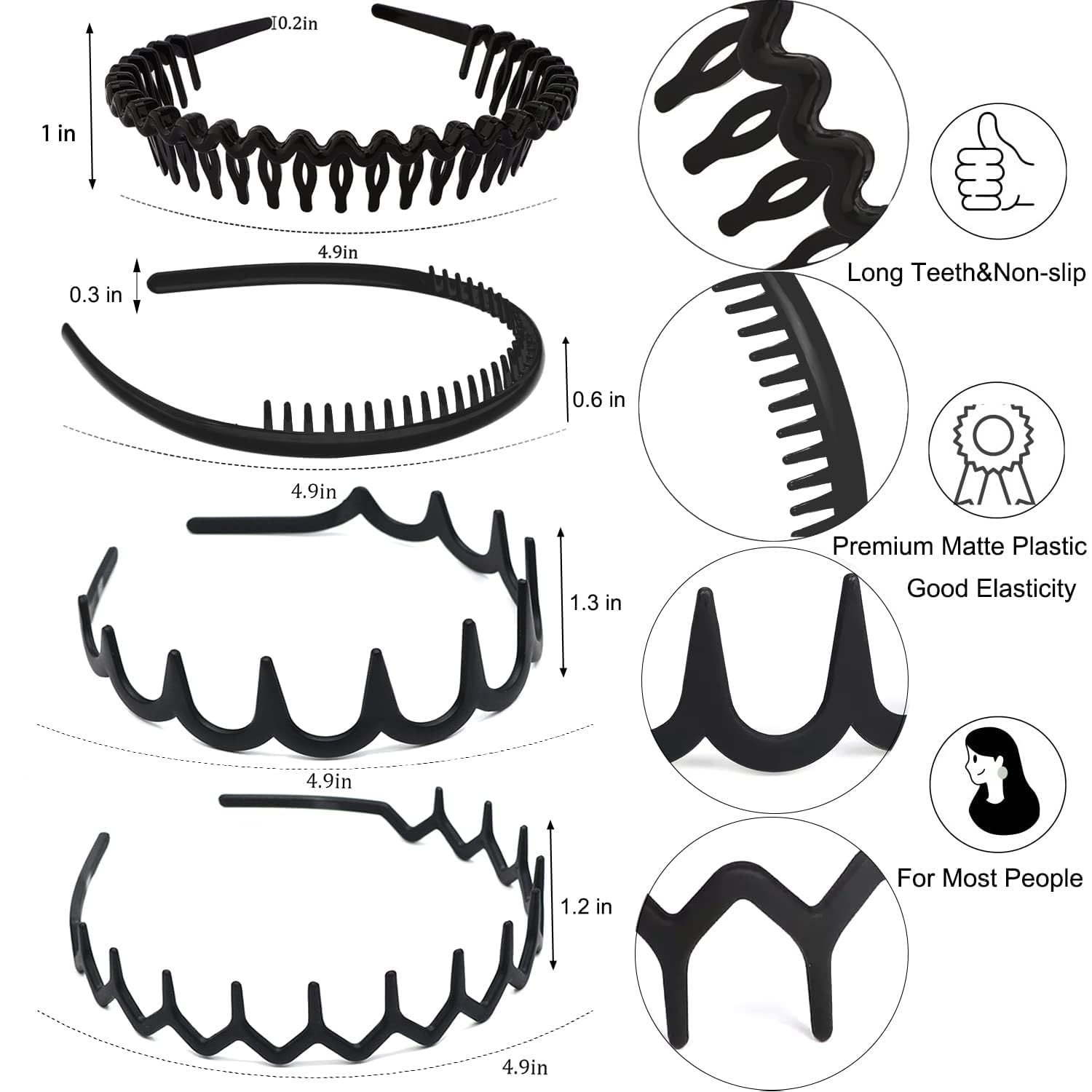8 PCS Fashion No Slip Effortless Plastic Headbands with Teeth Comb Black Skinny