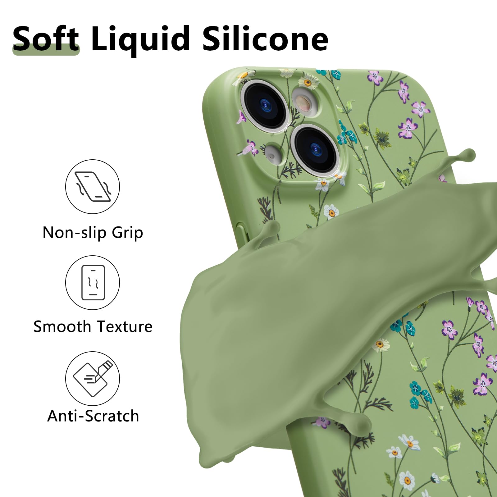 Case for iPhone 15,Liquid Silicone Cover with Cute Flower Branch Pattern