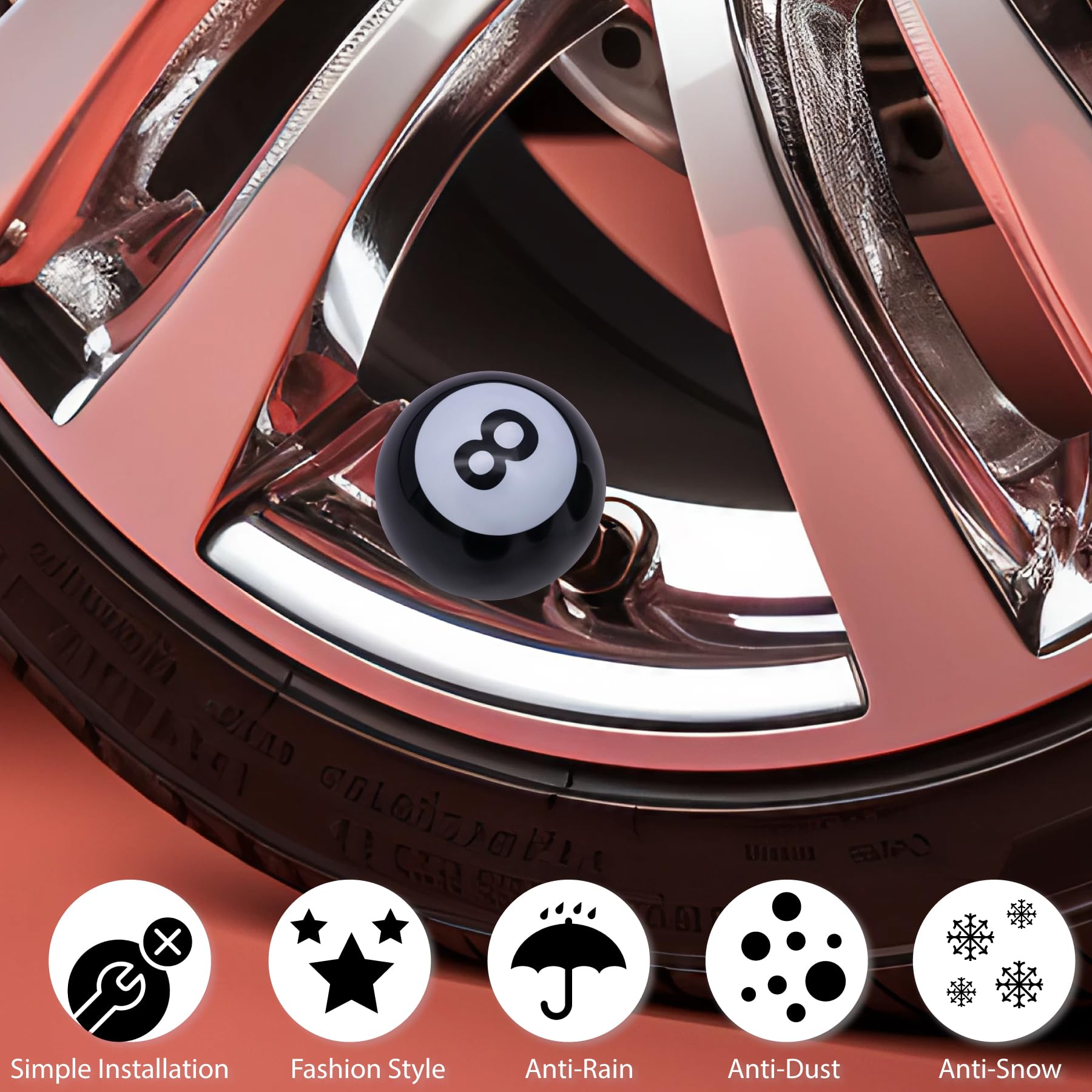 4PCS Pool 8 Ball Style Tire Valve Stem Caps, Universal Copper Core Dustproof Tir