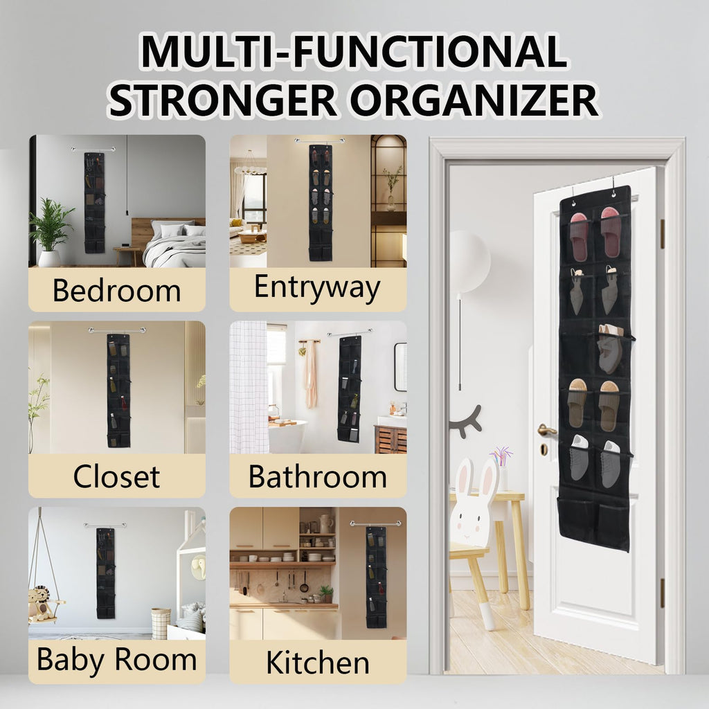 Shoe Organizer 12 Mesh Pockets — Hanging Storage with 4 Metal Hooks, Black