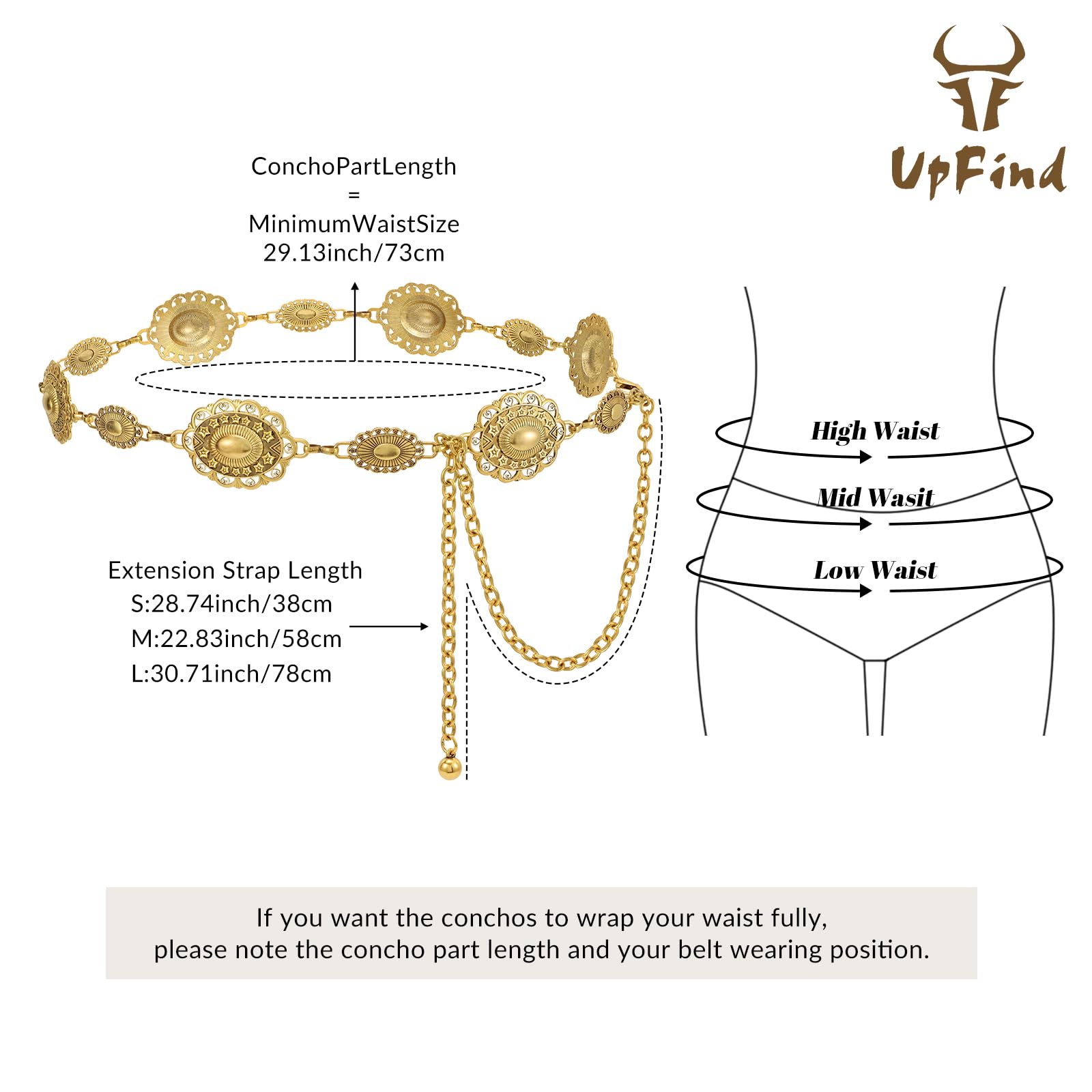 Western Metal Gold Chain Belt Concho Belt Cowgirl Waist Link for Jeans Dre