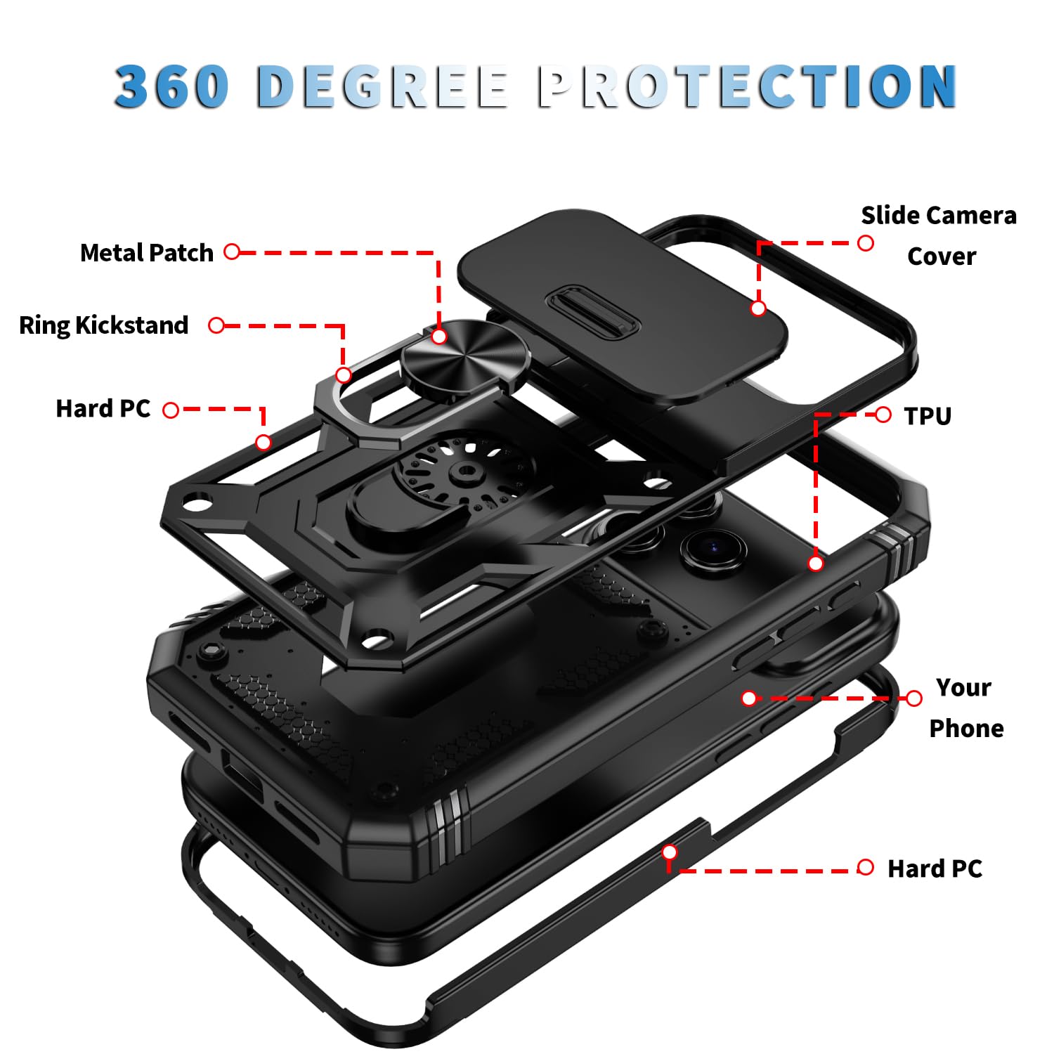 17 Pro Case 360° Metal Rotated Ring Holder Magnetic Kickstand【Slide Camera Cover