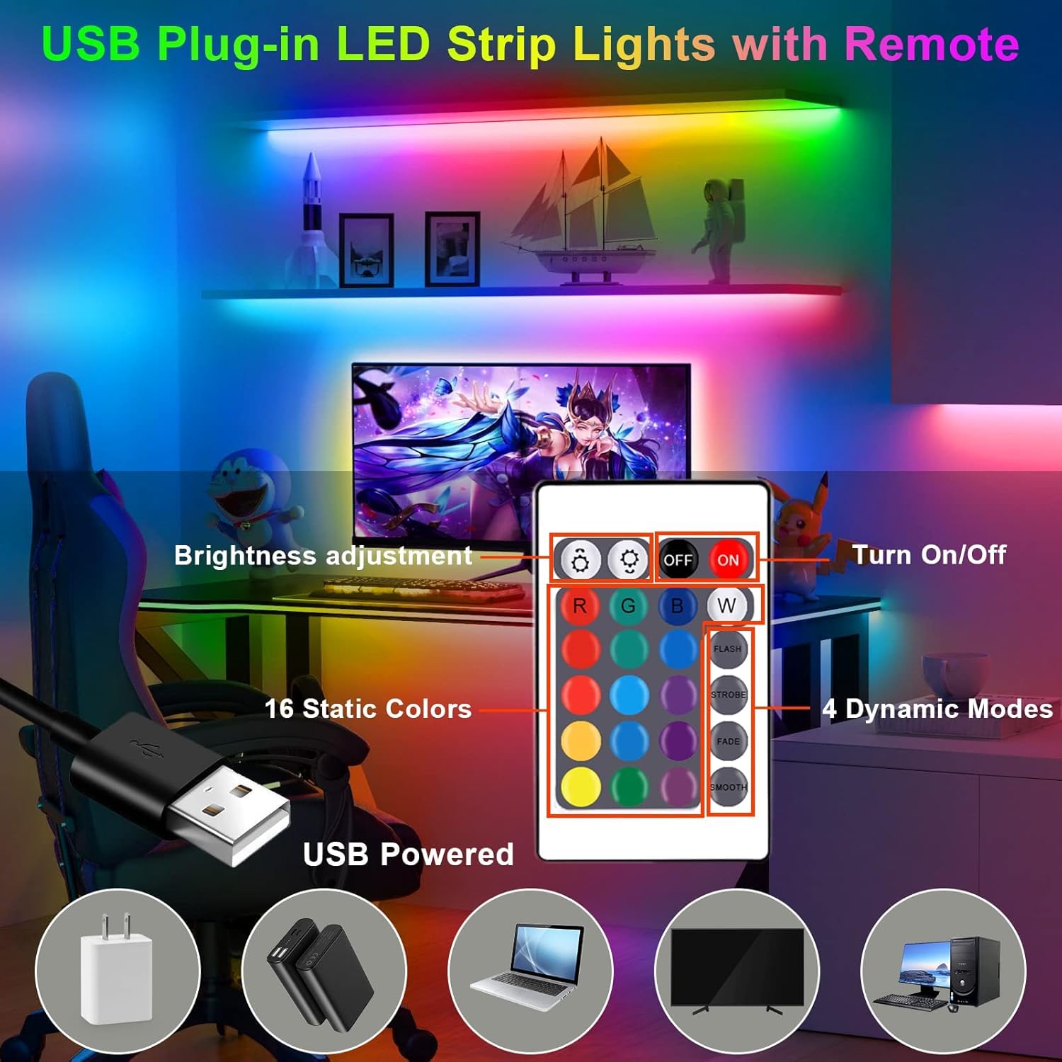 Strip Lights 16.4Ft Led Lights For Bedroom,Tv Backlight, Party,Gaming Room, Home