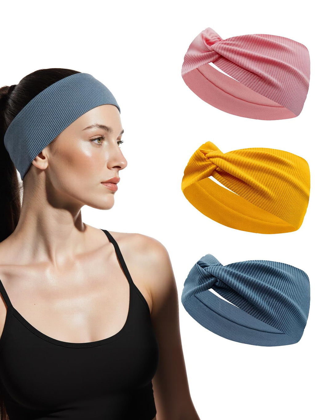 Stretchy Headbands for Women - Wide Ribbed Hair Band with Twist Knotted for Yoga