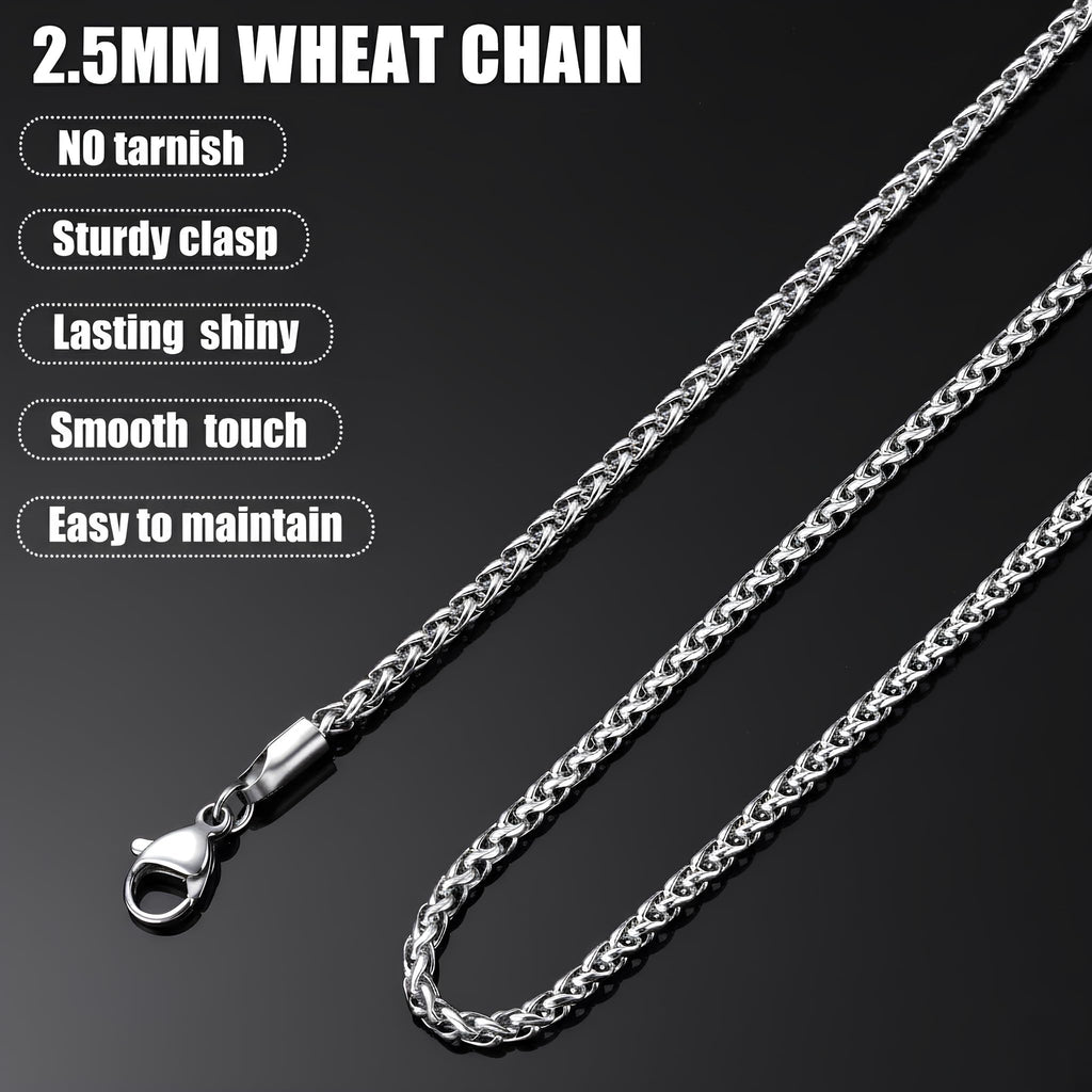 Silver Tone Wheat Chain Necklace for Men, 2.5mm Mens Chain Necklaces, Stainless