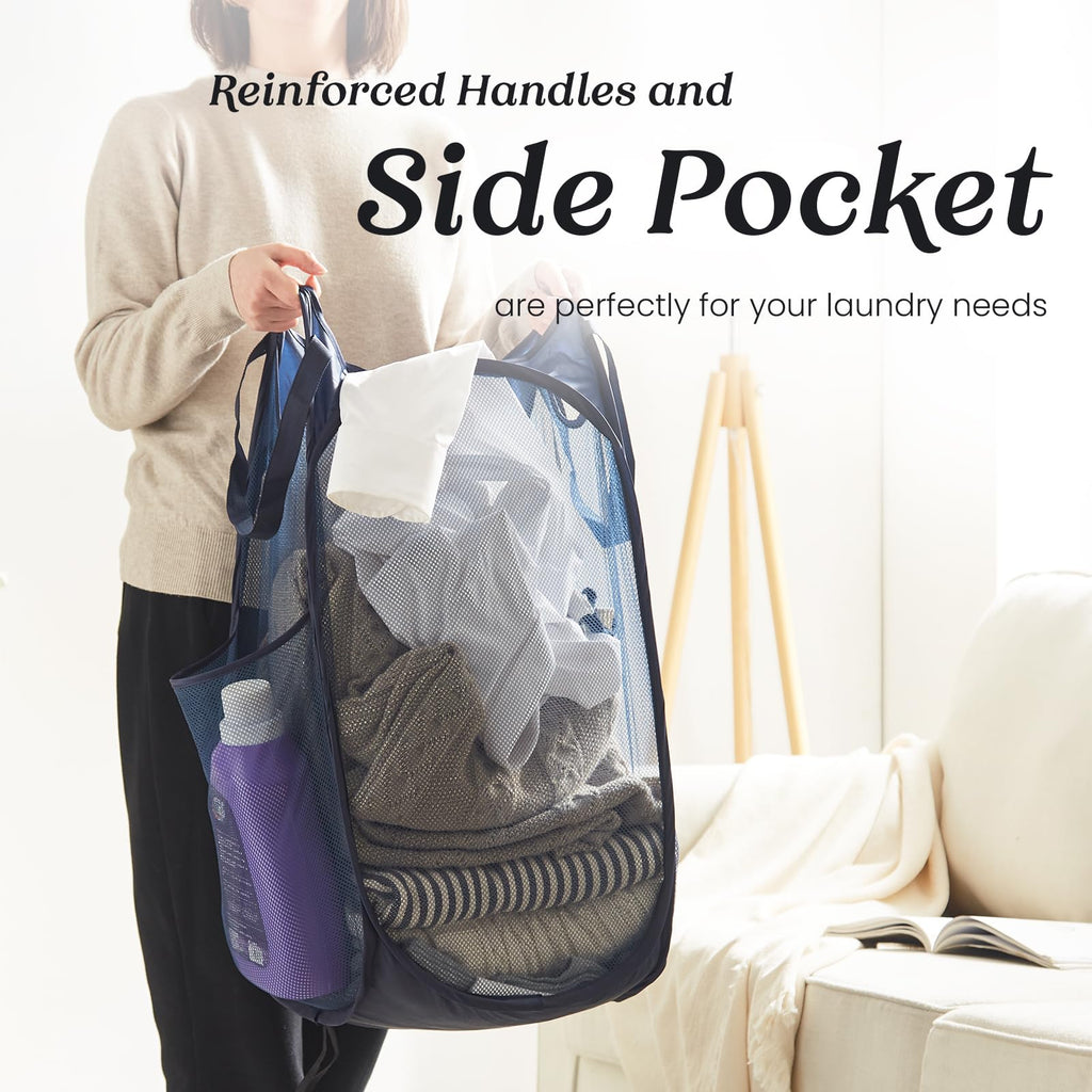 Pop-Up Laundry Basket — Mesh Hamper with Handles & Side Pocket for Dorm, Bathroo