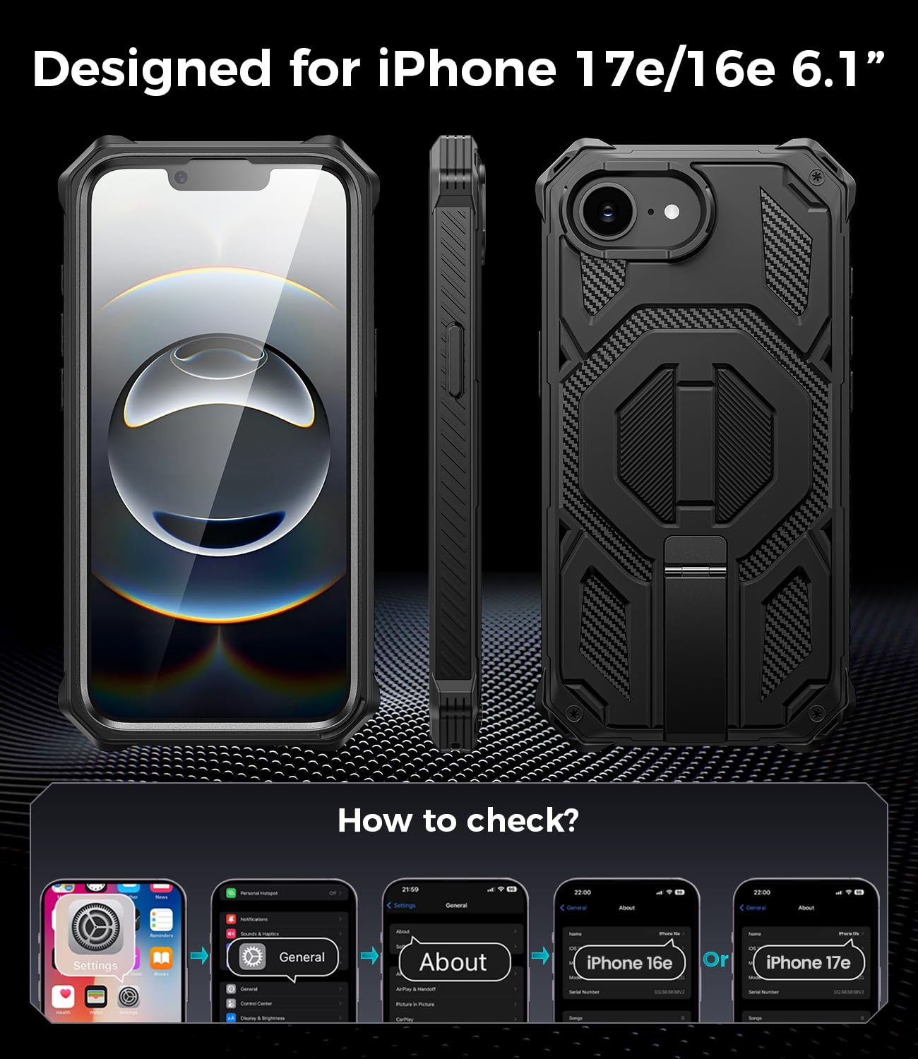 iPhone 17e Case/iPhone 16e Case with Screen Protector & Invisible Kickstand,