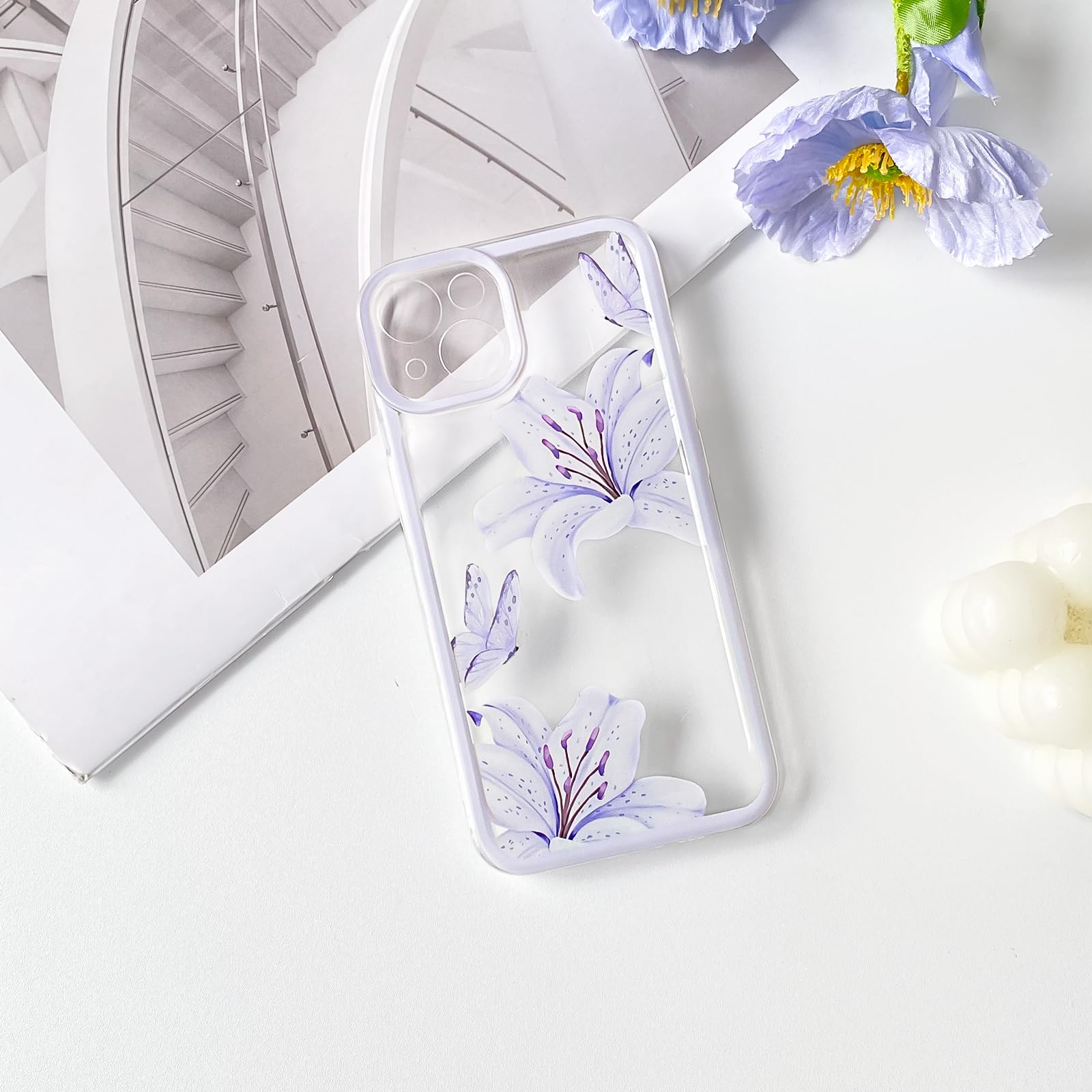iPhone 14 Case Cute Durable Lily Flower Floral Butterfly Pattern For Women Girls Color