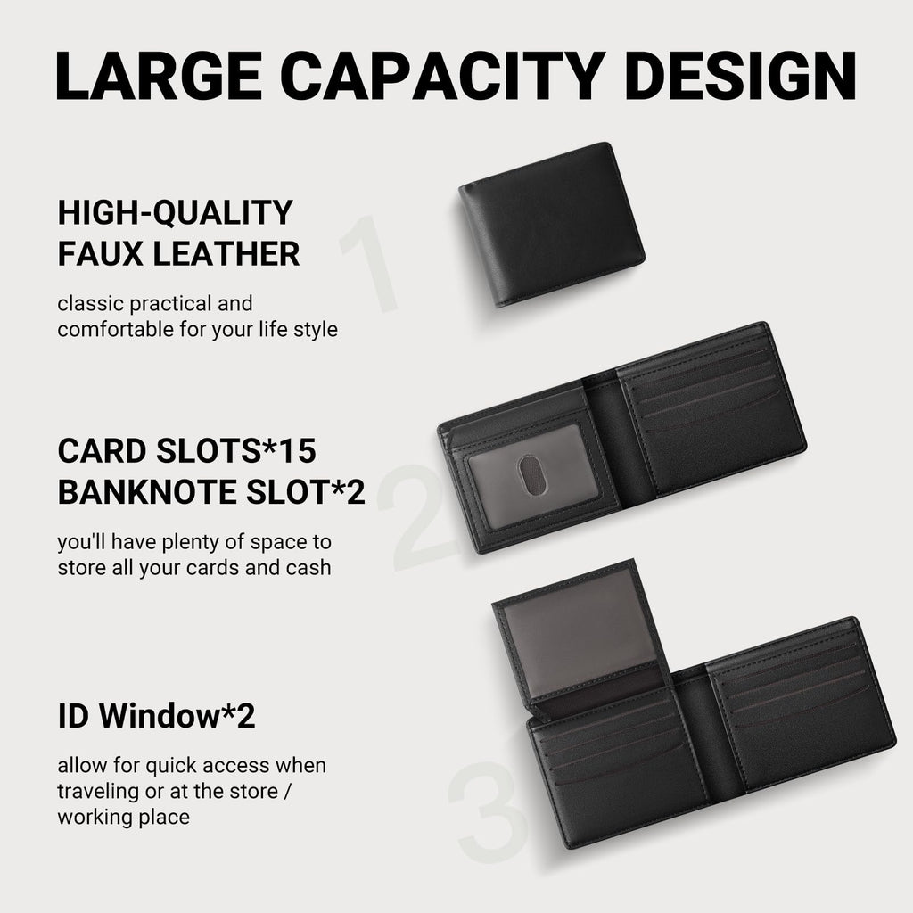 Wallet For Men RFID Blocking Black Wallets Bifold Faux Leather Card Holder Front