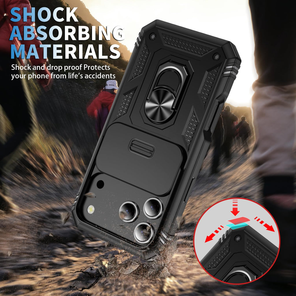 17 Pro Case 360° Metal Rotated Ring Holder Magnetic Kickstand【Slide Camera Cover