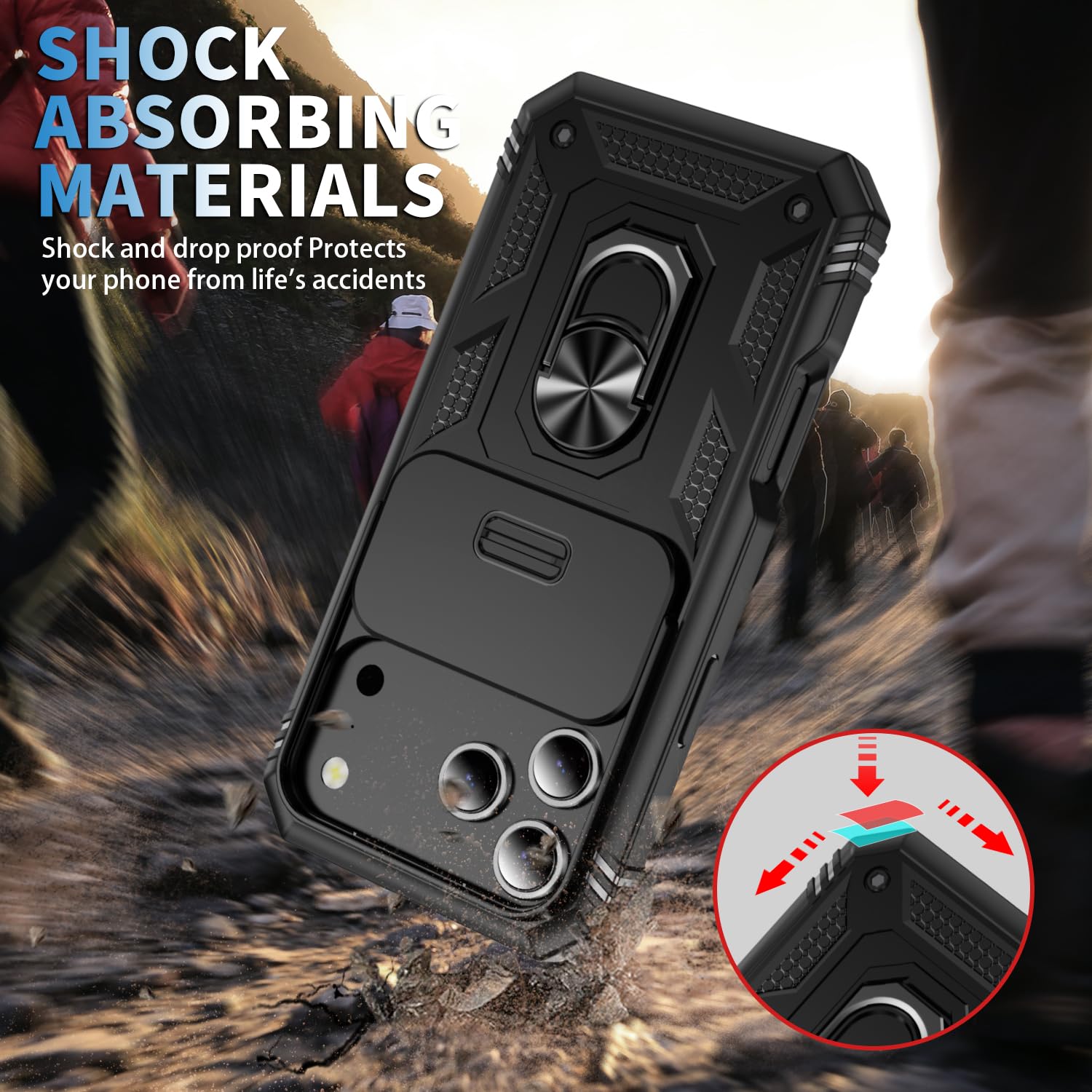 17 Pro Case 360° Metal Rotated Ring Holder Magnetic Kickstand【Slide Camera Cover