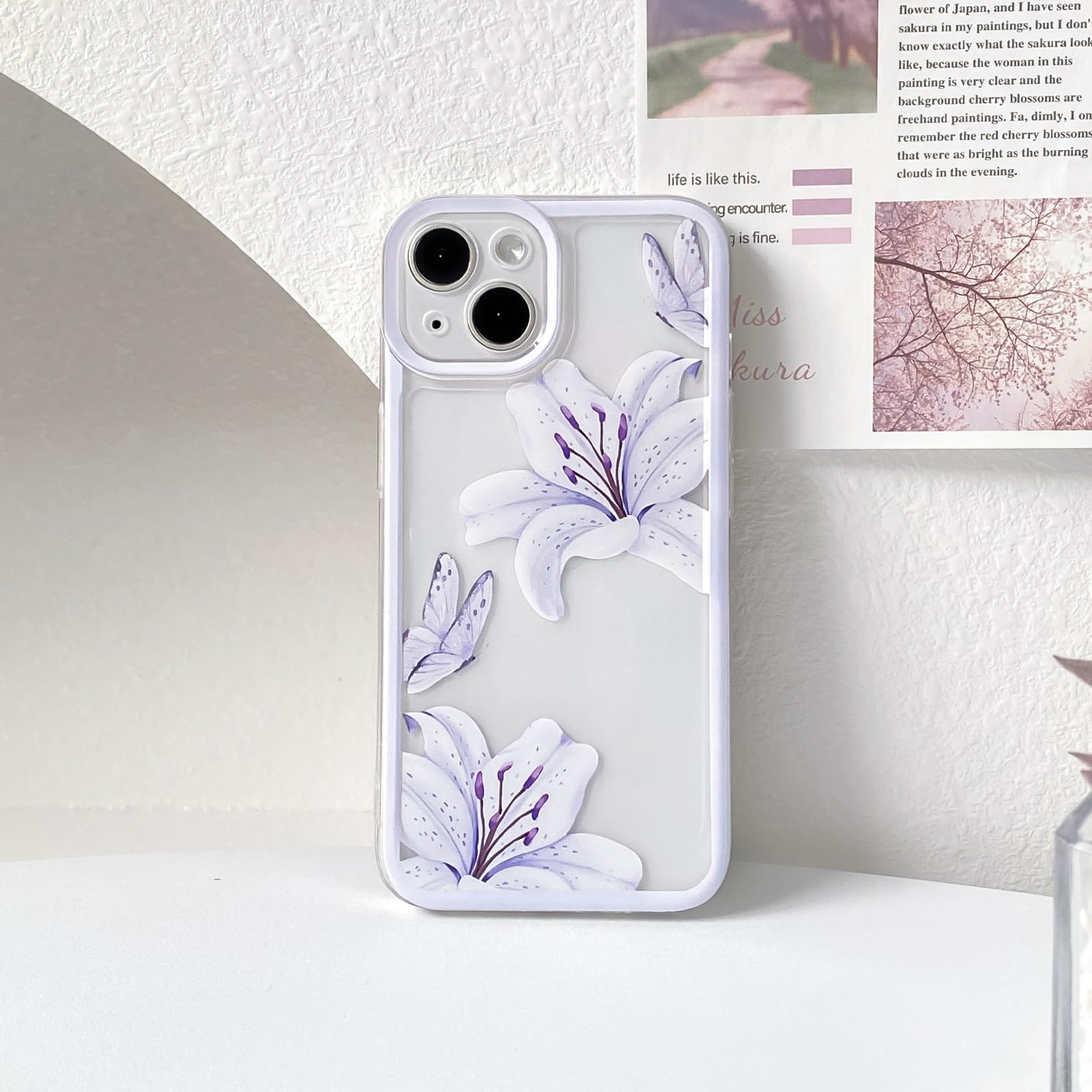 iPhone 14 Case Cute Durable Lily Flower Floral Butterfly Pattern For Women Girls Color