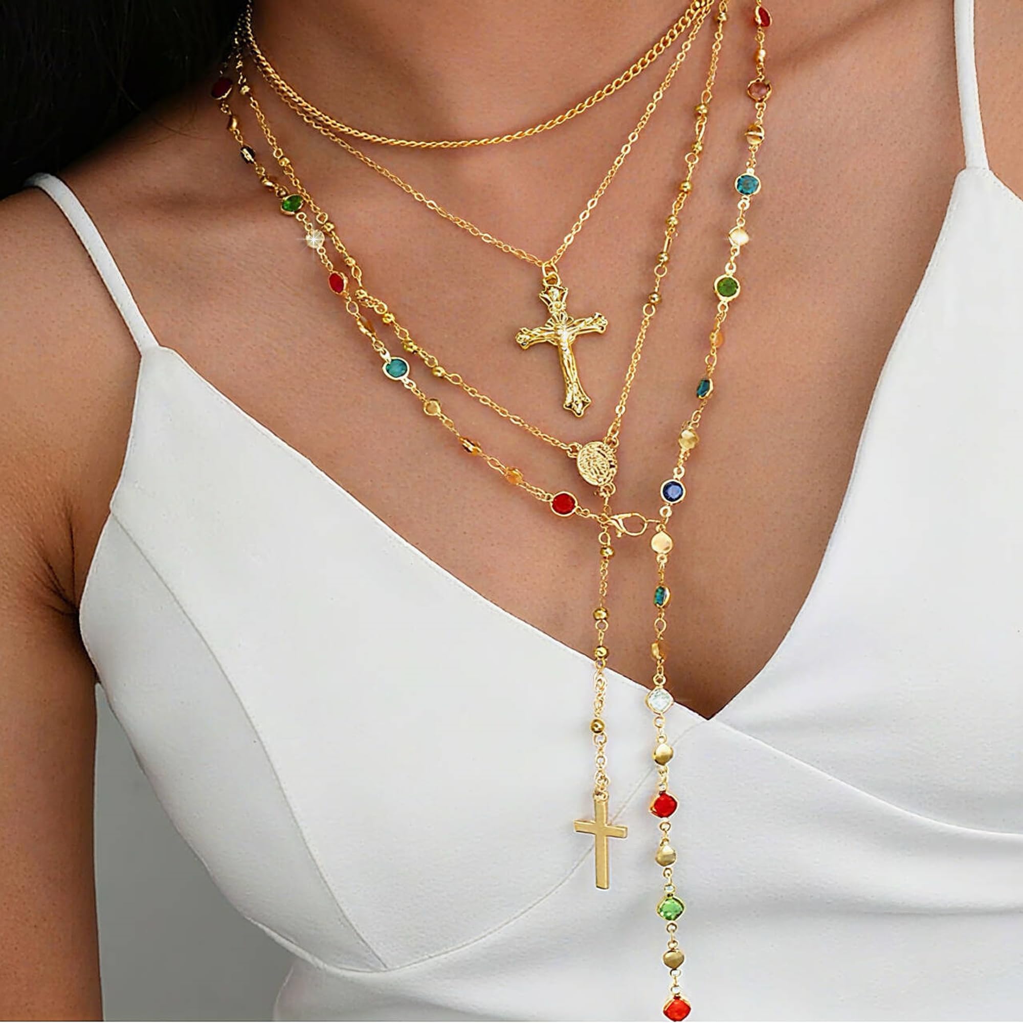 Layered Gold Cross Necklaces for Women Trendy, Bohemian Bead Pearl Y Long Pendan
