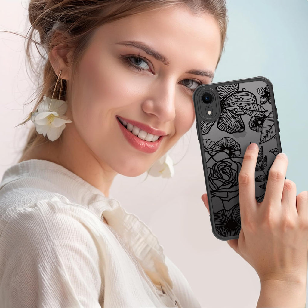 Flower Phone Case Compatible with iPhone XR, Rose Aesthetic Black Line Art