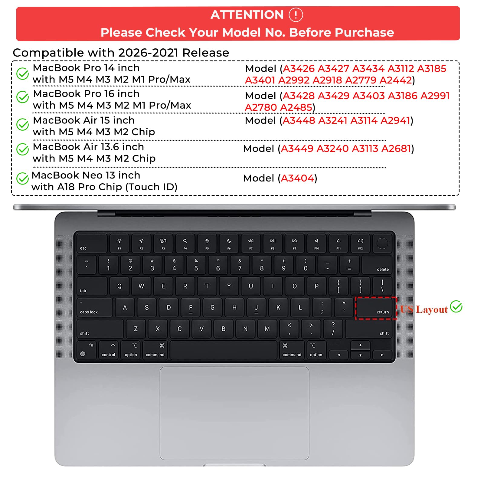 Keyboard Cover for MacBook Pro/Air (M1–M5, 13–16”)