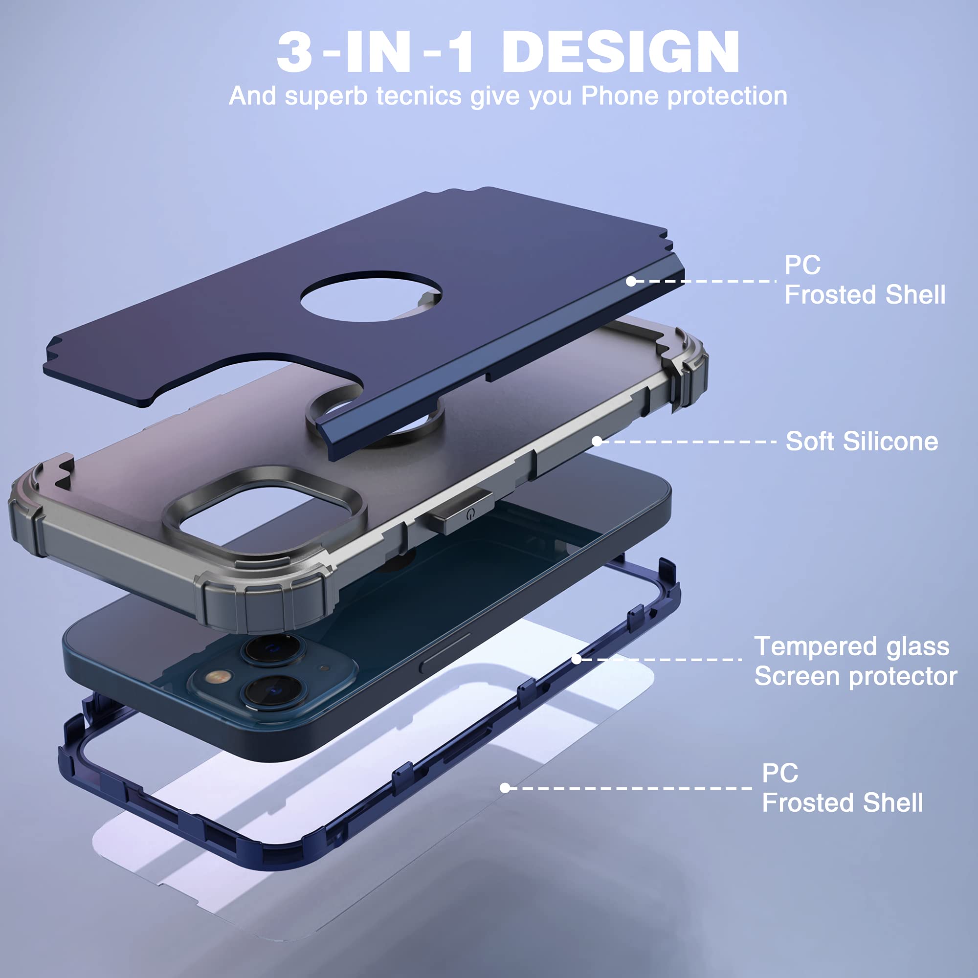for iPhone 13 Case with Screen Protector, for iPhone 14 Case, Hybrid Shockproof