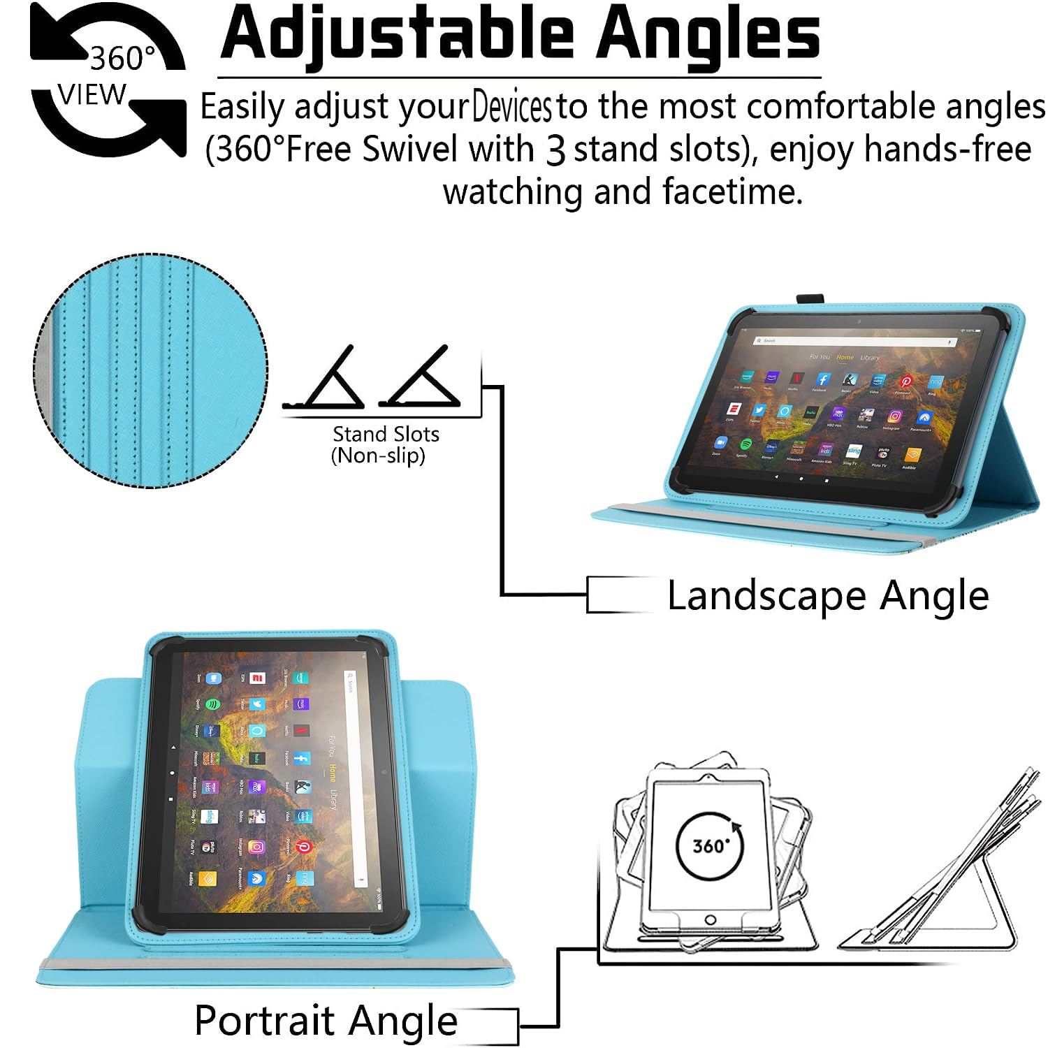 Universal 7 inch 8 inch Tablet Case,360 Degree Rotatable Kickstand Multiple View