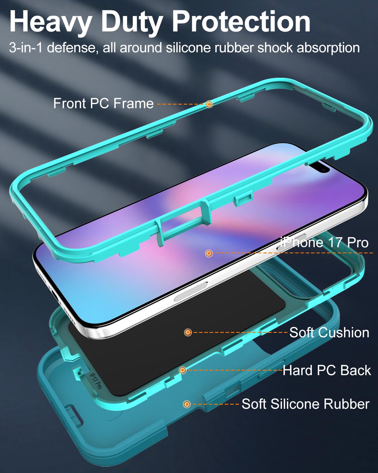 Iphone 17 Pro Case, 3-Layer 16Ft Drop Protection, With Dustproof Port Cover, Ful