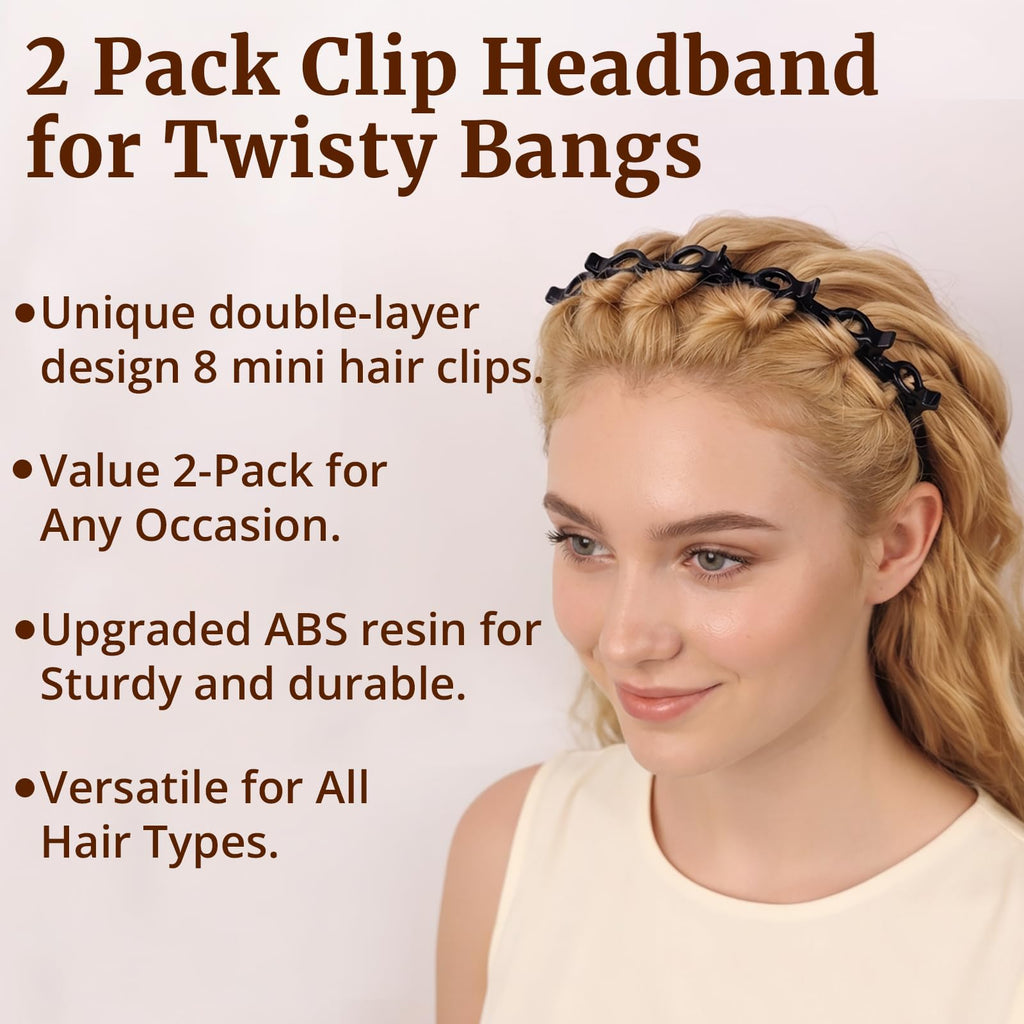 2 Pack Clip Headband for Twisty Bangs, 90s Hair Accessories for Women with 8 Min