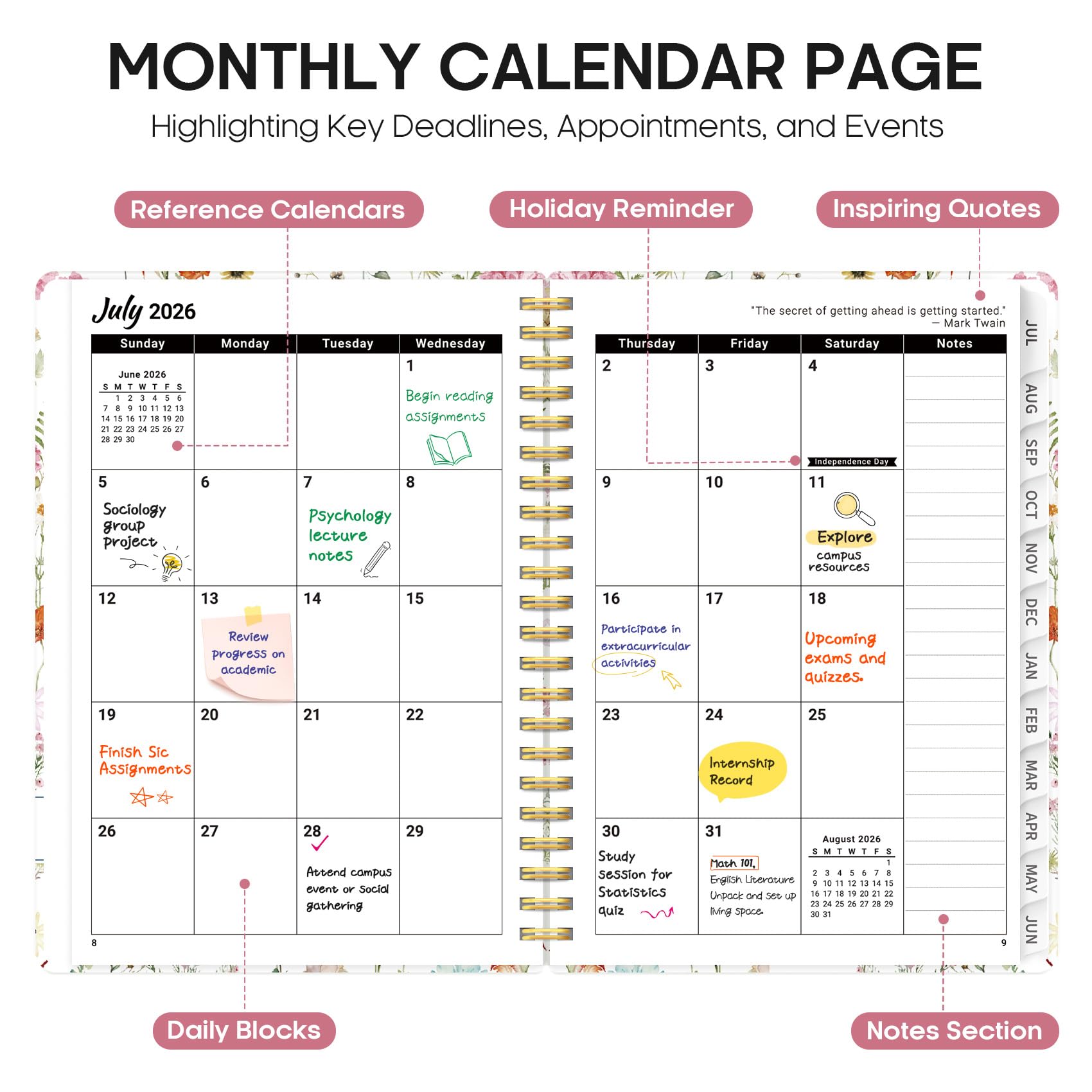 Academic Year Monthly and Weekly Calendar Planner, Jul 2026 - Jun 202