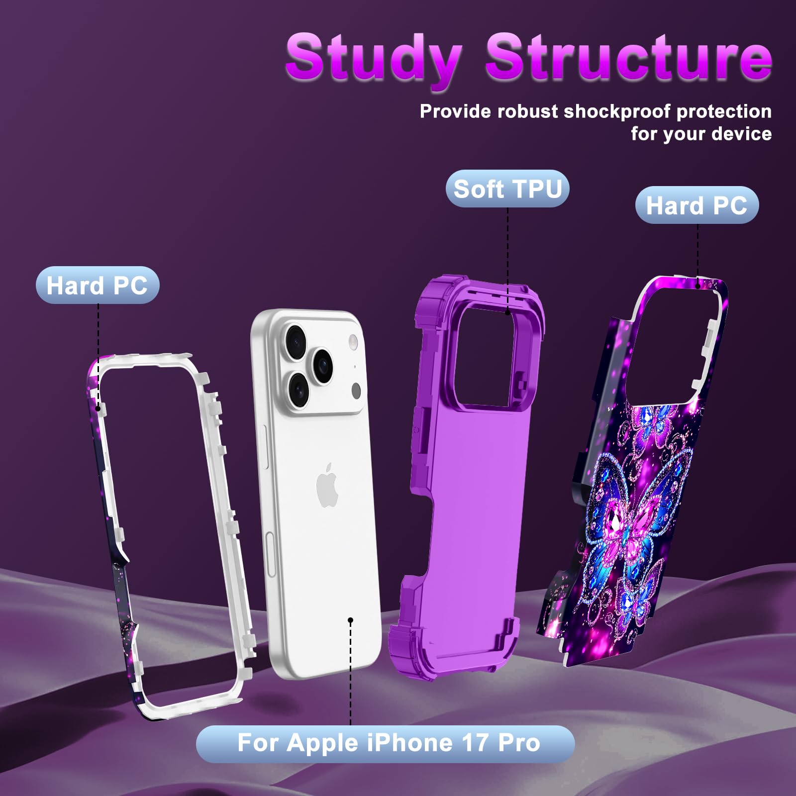 Iphone 17 Pro Case,Three Layer Heavy Duty Shockproof Protection Hard Plastic Bum