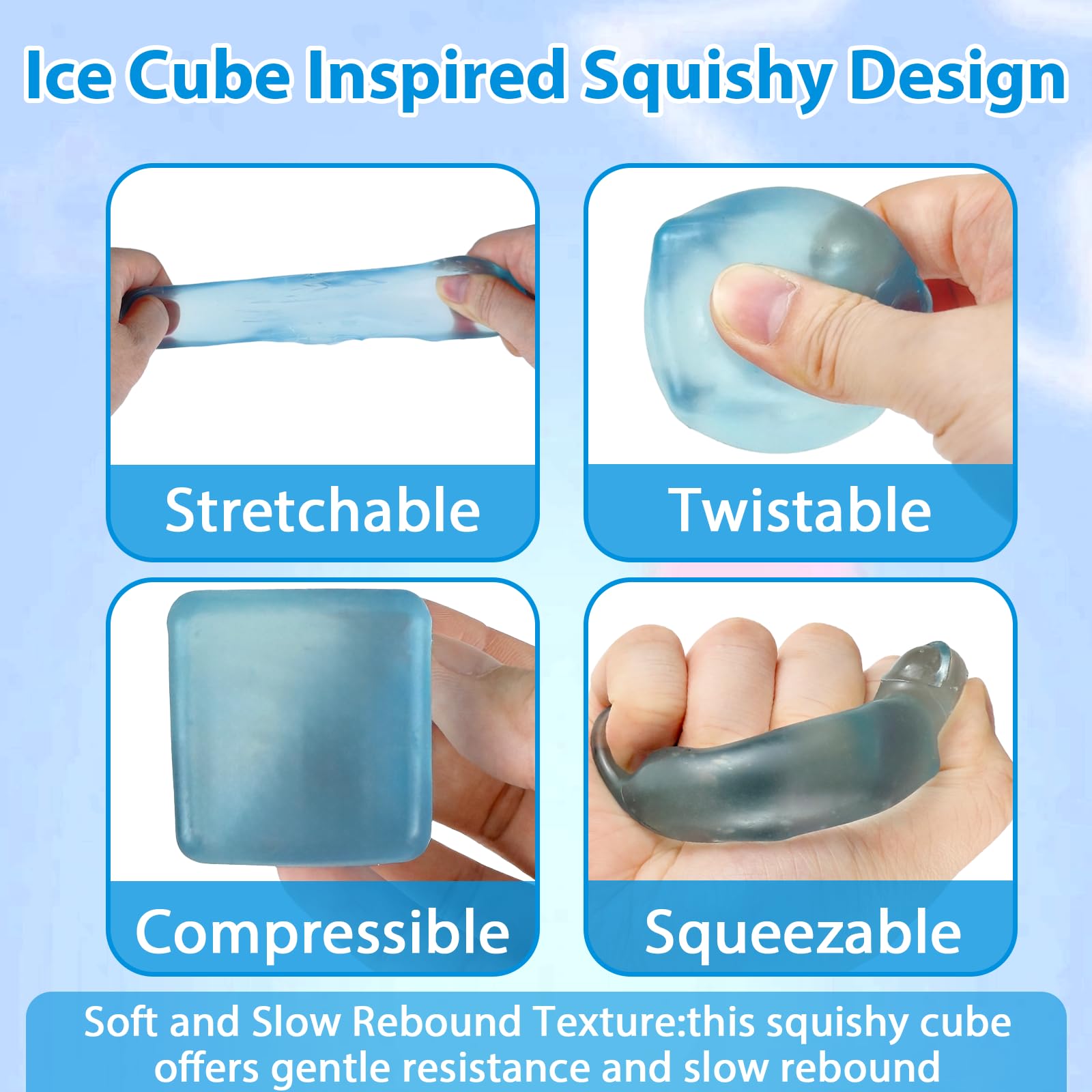 Stress Ball, Medium Cube 5cm(1.98") Fidget Toys, Blue Ice Cube Squishy Cube