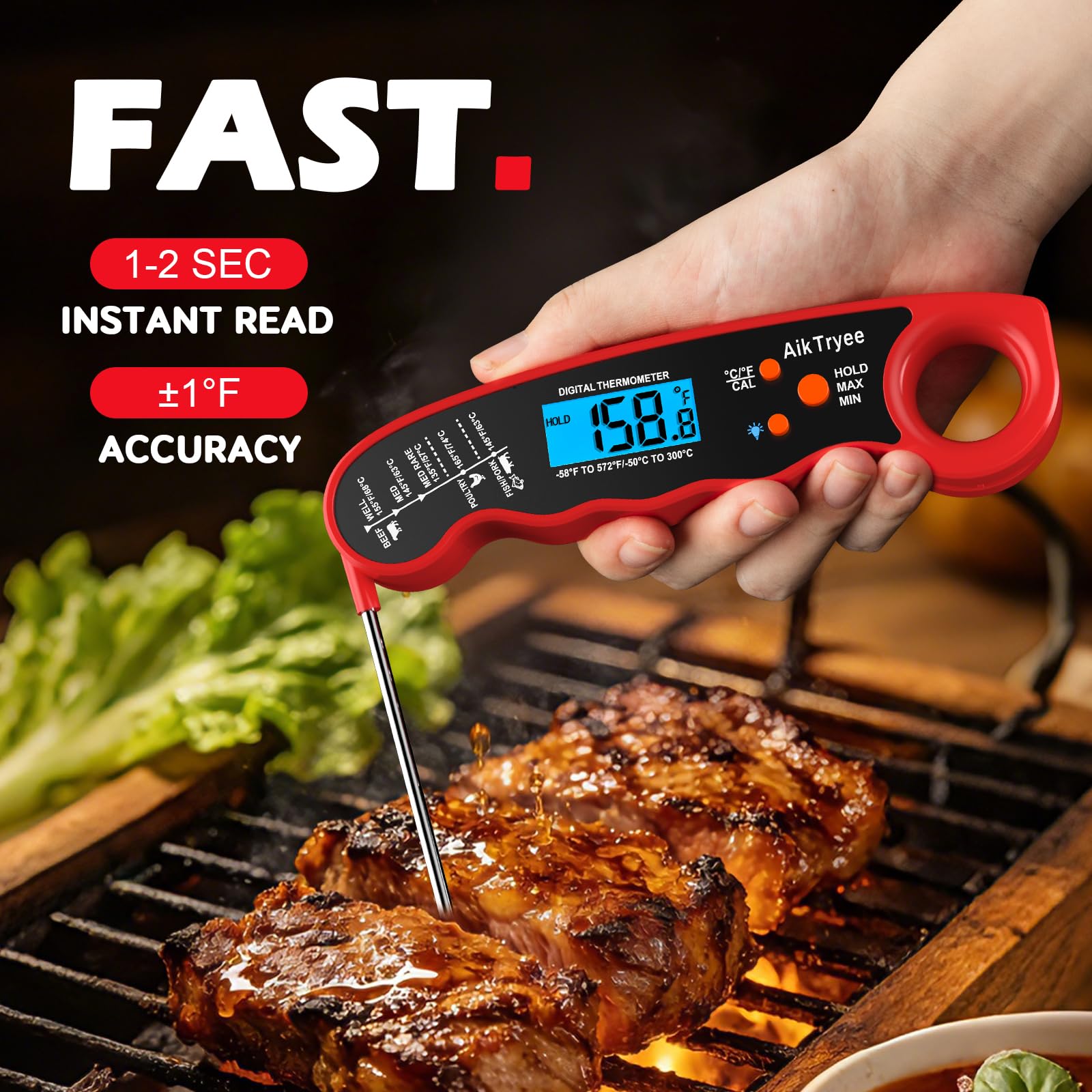 Instant Read Meat Thermometer — Kitchen Cooking, Candy, Oil & BBQ Grill Thermome