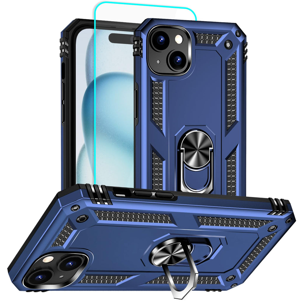 iPhone 15 Case with Screen Protector: 360°Grade Rotatable Kickstand (Non-Sli