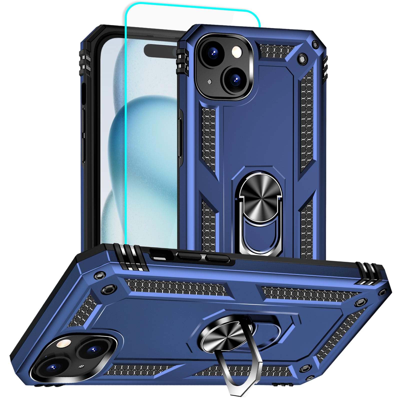 iPhone 15 Case with Screen Protector: 360°Grade Rotatable Kickstand (Non-Sli