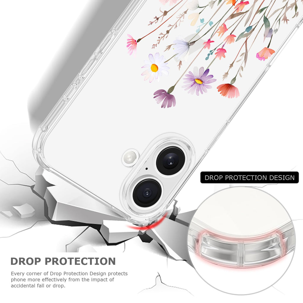 Clear Case for iPhone 16 for Women Girls,Cute Flowers Design Phone Cover,